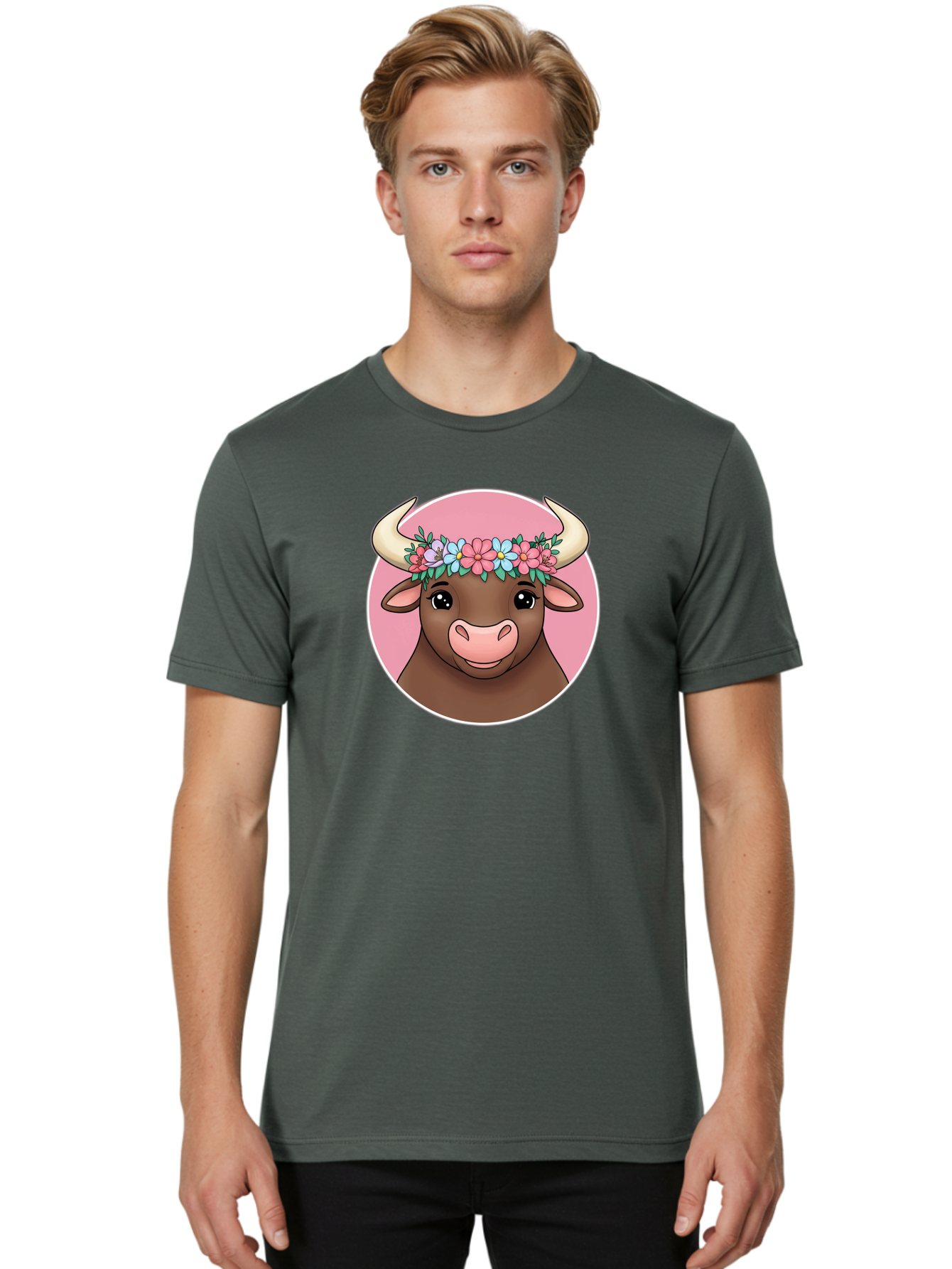 Cute-Bull-With-Flowers Men'S Graphic Tee, 100% Cotton, Comfortable Casual Summer Wear, Machine Washable, Cartoon Bull, Floral Wreath, Cute Animal, Pastel Colors, Adorable Illustration, Charming Design, Whimsical Art, Lovely Cow, Bae169