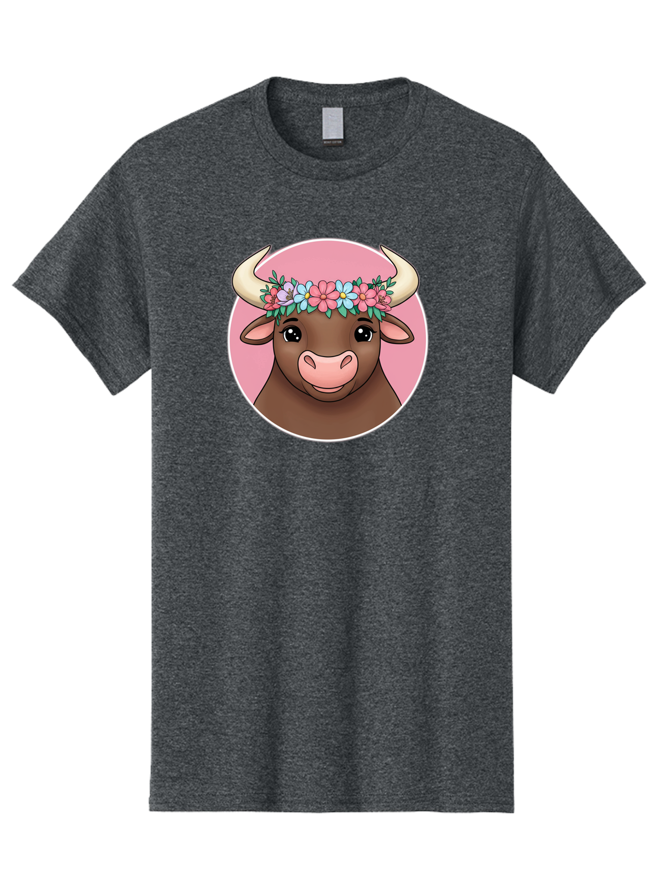 Cute-Bull-With-Flowers Men'S Graphic Tee, 100% Cotton, Comfortable Casual Summer Wear, Machine Washable, Cartoon Bull, Floral Wreath, Cute Animal, Pastel Colors, Adorable Illustration, Charming Design, Whimsical Art, Lovely Cow, Bae169