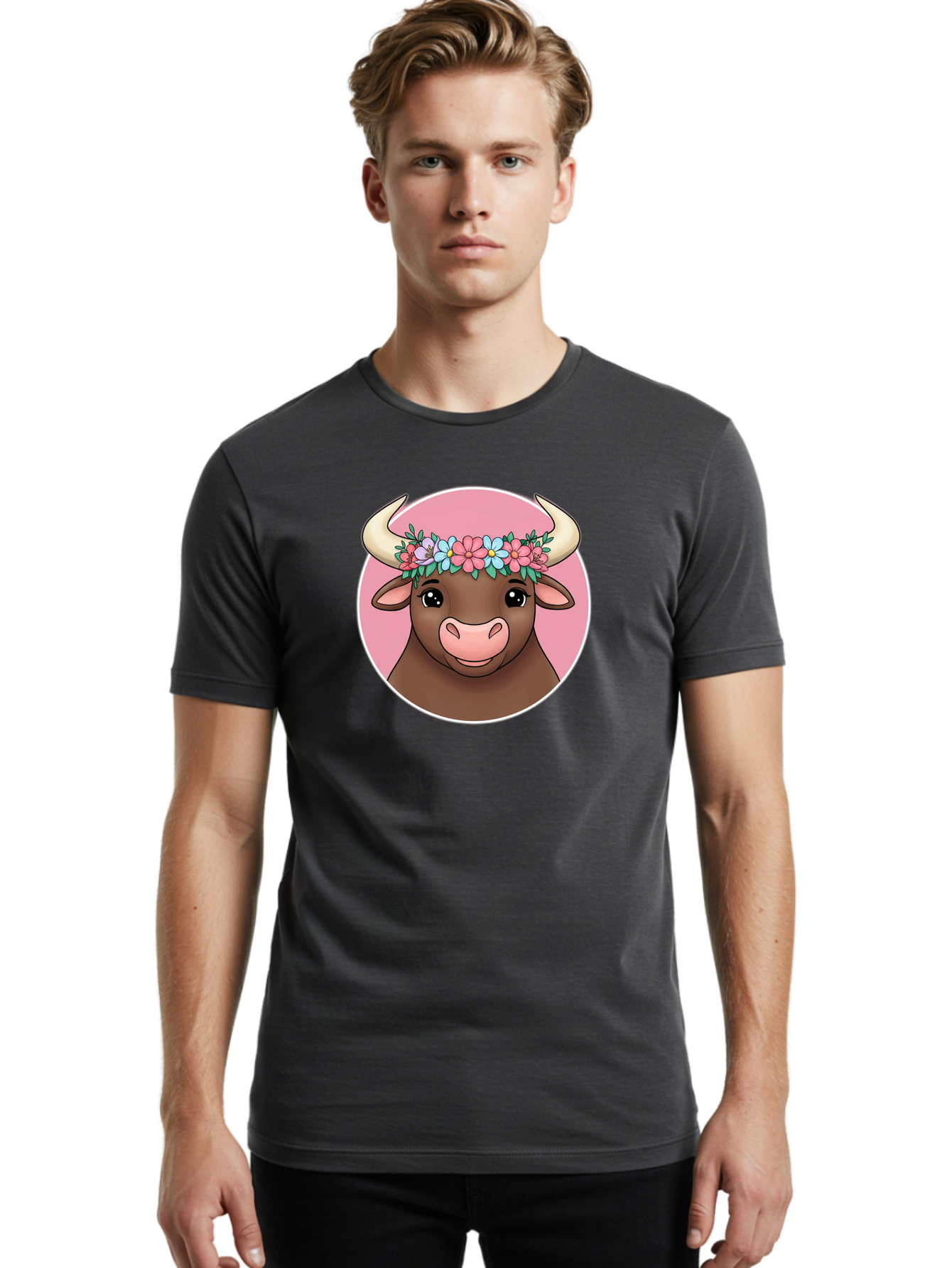 Cute-Bull-With-Flowers Men'S Graphic Tee, 100% Cotton, Comfortable Casual Summer Wear, Machine Washable, Cartoon Bull, Floral Wreath, Cute Animal, Pastel Colors, Adorable Illustration, Charming Design, Whimsical Art, Lovely Cow, Bae169