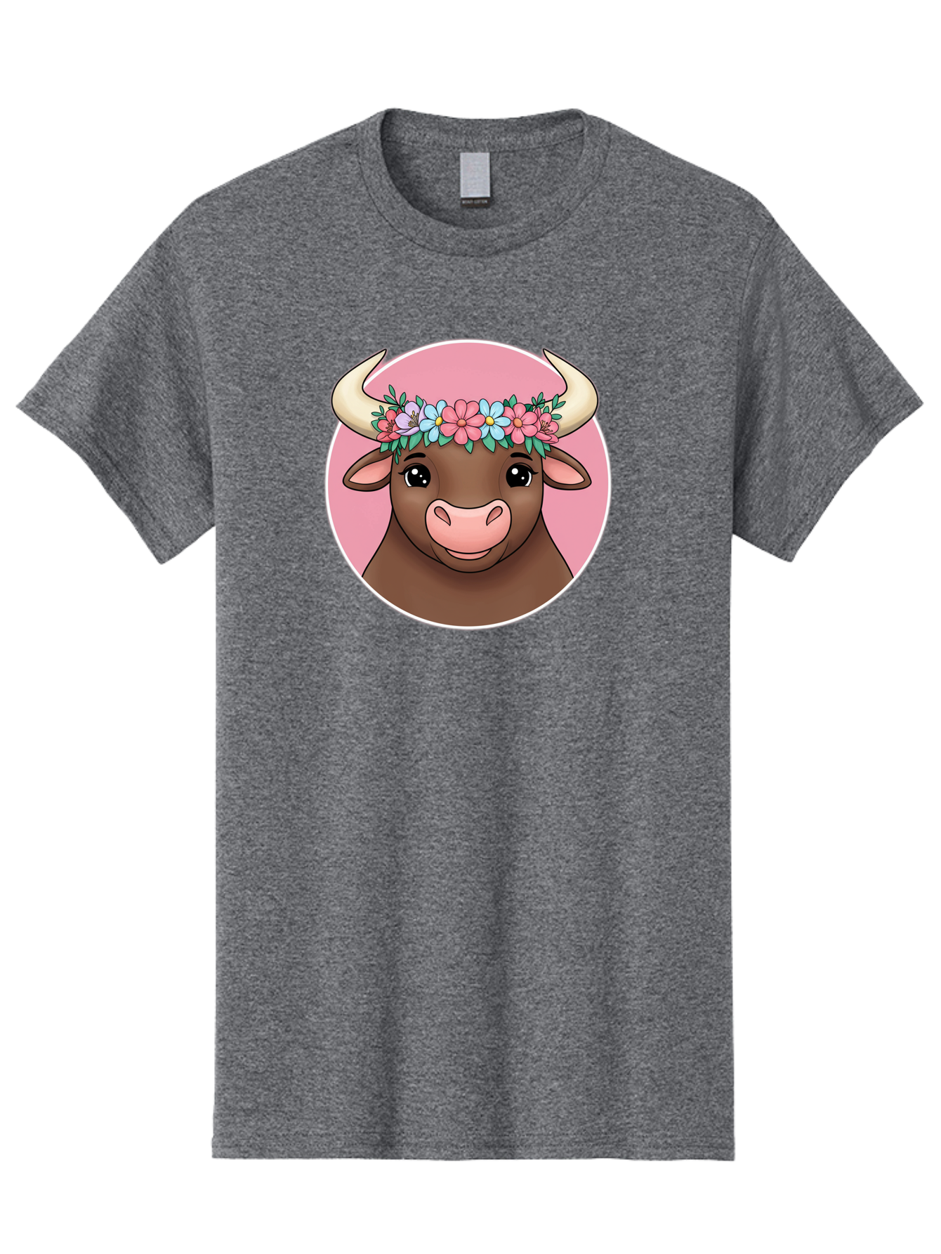 Cute-Bull-With-Flowers Men'S Graphic Tee, 100% Cotton, Comfortable Casual Summer Wear, Machine Washable, Cartoon Bull, Floral Wreath, Cute Animal, Pastel Colors, Adorable Illustration, Charming Design, Whimsical Art, Lovely Cow, Bae169