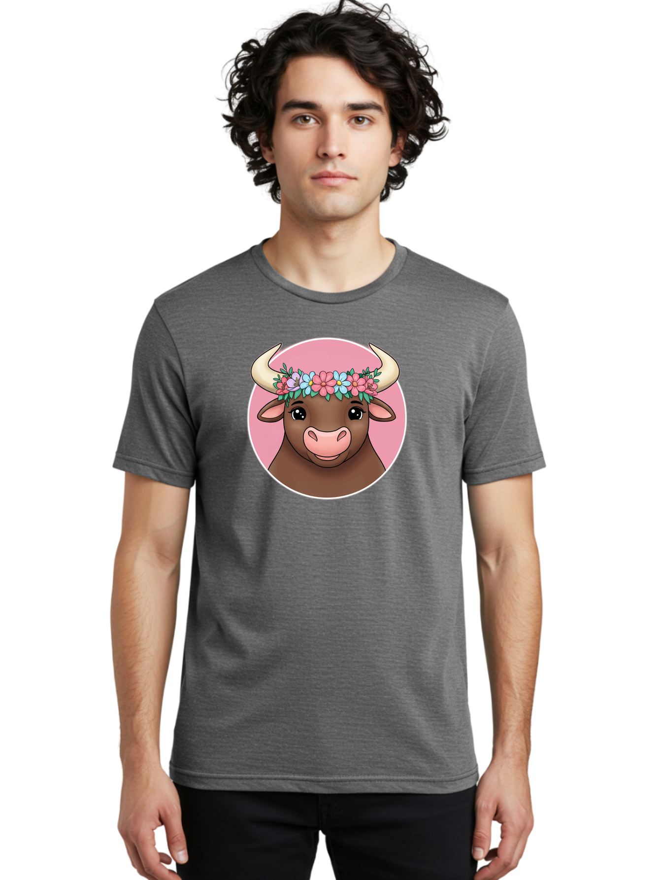 Cute-Bull-With-Flowers Men'S Graphic Tee, 100% Cotton, Comfortable Casual Summer Wear, Machine Washable, Cartoon Bull, Floral Wreath, Cute Animal, Pastel Colors, Adorable Illustration, Charming Design, Whimsical Art, Lovely Cow, Bae169