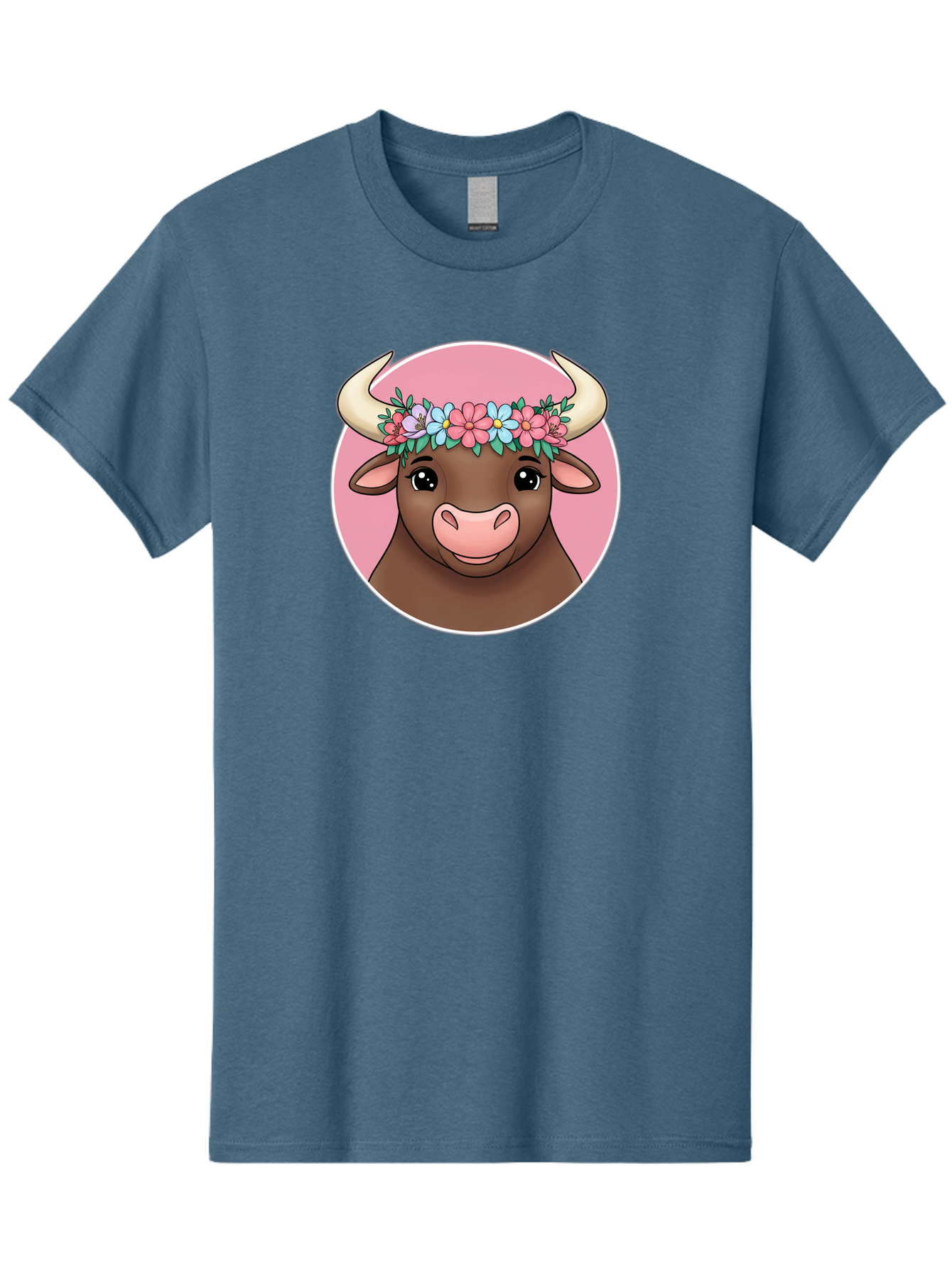 Cute-Bull-With-Flowers Men'S Graphic Tee, 100% Cotton, Comfortable Casual Summer Wear, Machine Washable, Cartoon Bull, Floral Wreath, Cute Animal, Pastel Colors, Adorable Illustration, Charming Design, Whimsical Art, Lovely Cow, Bae169
