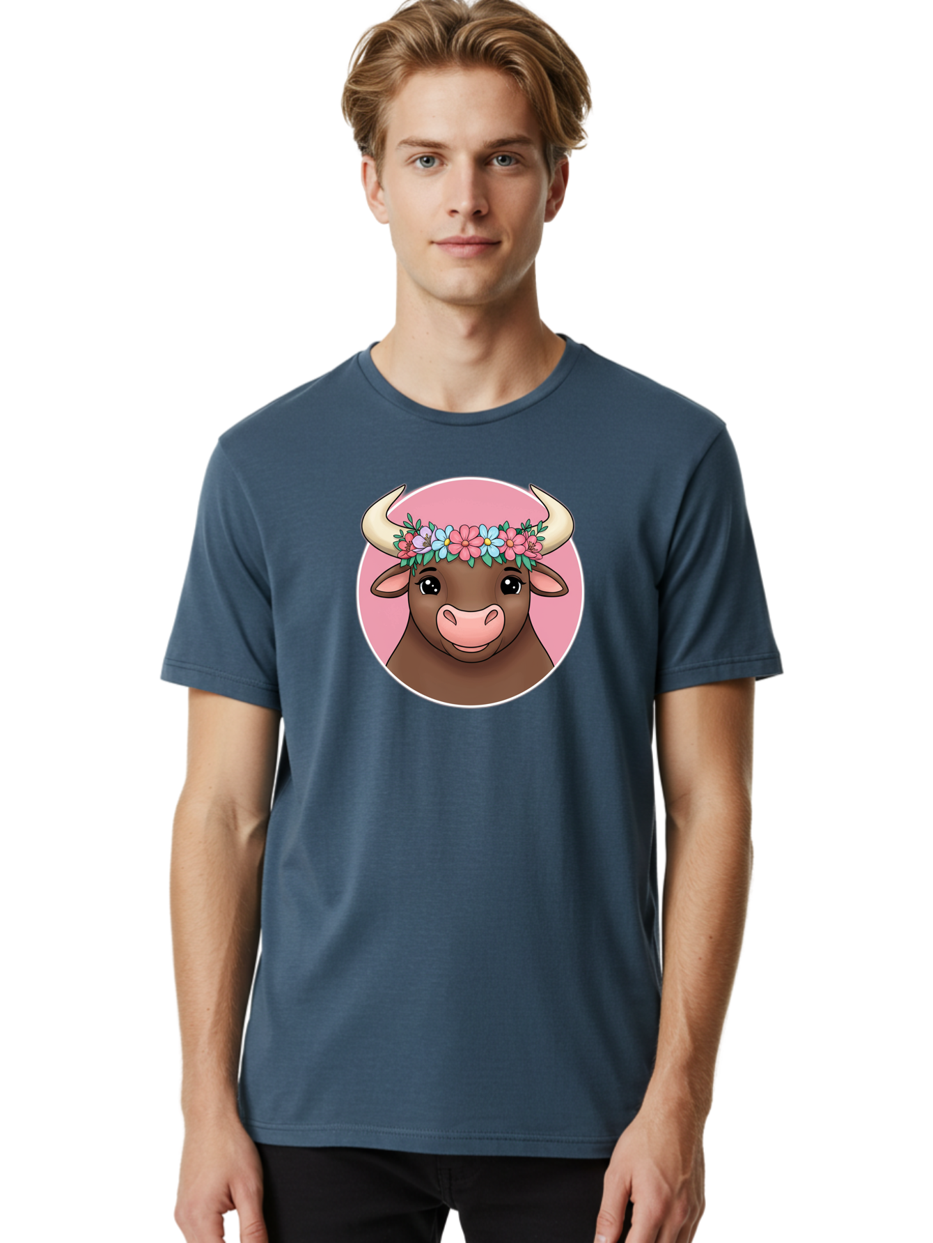 Cute-Bull-With-Flowers Men'S Graphic Tee, 100% Cotton, Comfortable Casual Summer Wear, Machine Washable, Cartoon Bull, Floral Wreath, Cute Animal, Pastel Colors, Adorable Illustration, Charming Design, Whimsical Art, Lovely Cow, Bae169