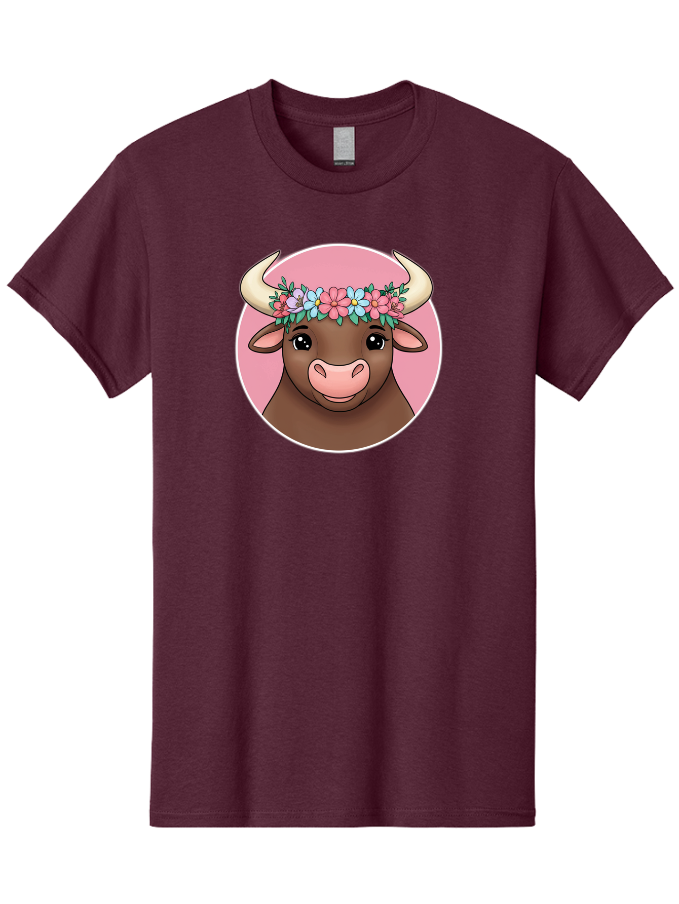 Cute-Bull-With-Flowers Men'S Graphic Tee, 100% Cotton, Comfortable Casual Summer Wear, Machine Washable, Cartoon Bull, Floral Wreath, Cute Animal, Pastel Colors, Adorable Illustration, Charming Design, Whimsical Art, Lovely Cow, Bae169