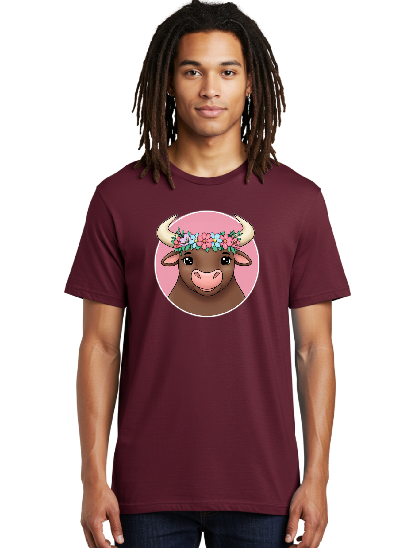 Cute-Bull-With-Flowers Men'S Graphic Tee, 100% Cotton, Comfortable Casual Summer Wear, Machine Washable, Cartoon Bull, Floral Wreath, Cute Animal, Pastel Colors, Adorable Illustration, Charming Design, Whimsical Art, Lovely Cow, Bae169