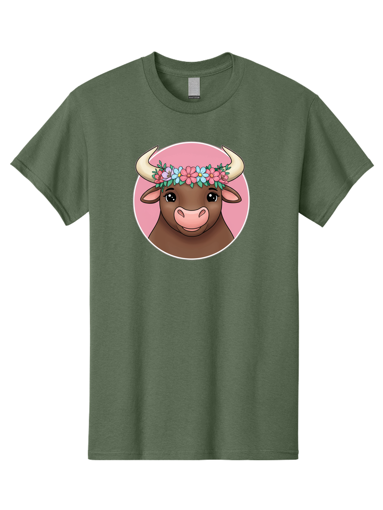 Cute-Bull-With-Flowers Men'S Graphic Tee, 100% Cotton, Comfortable Casual Summer Wear, Machine Washable, Cartoon Bull, Floral Wreath, Cute Animal, Pastel Colors, Adorable Illustration, Charming Design, Whimsical Art, Lovely Cow, Bae169