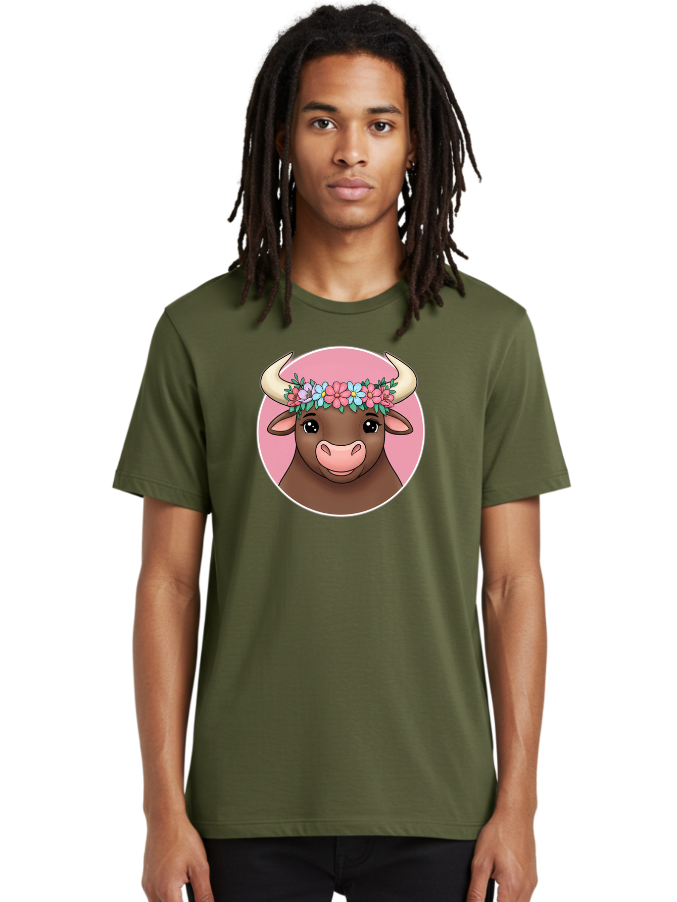 Cute-Bull-With-Flowers Men'S Graphic Tee, 100% Cotton, Comfortable Casual Summer Wear, Machine Washable, Cartoon Bull, Floral Wreath, Cute Animal, Pastel Colors, Adorable Illustration, Charming Design, Whimsical Art, Lovely Cow, Bae169