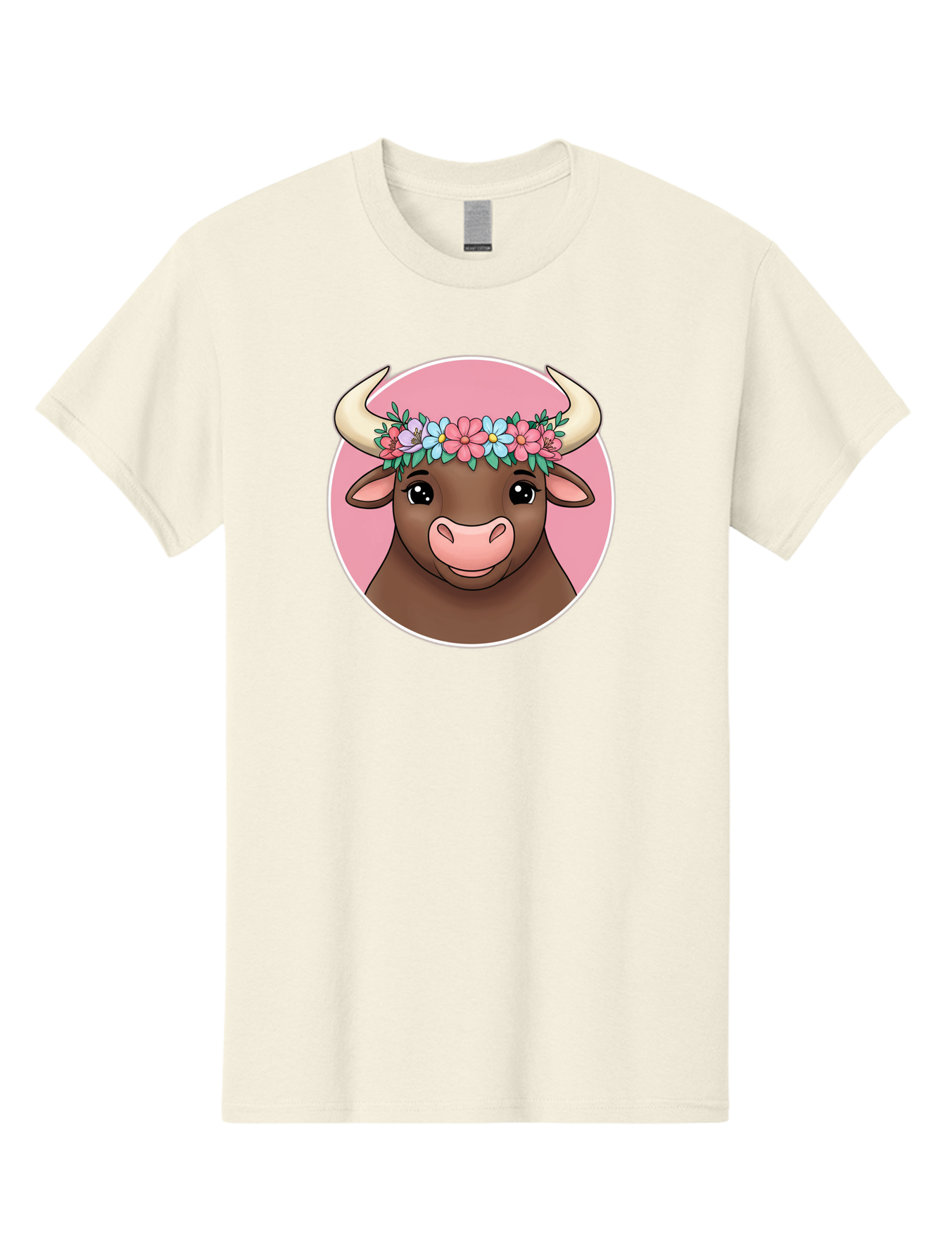 Cute-Bull-With-Flowers Men'S Graphic Tee, 100% Cotton, Comfortable Casual Summer Wear, Machine Washable, Cartoon Bull, Floral Wreath, Cute Animal, Pastel Colors, Adorable Illustration, Charming Design, Whimsical Art, Lovely Cow, Bae169