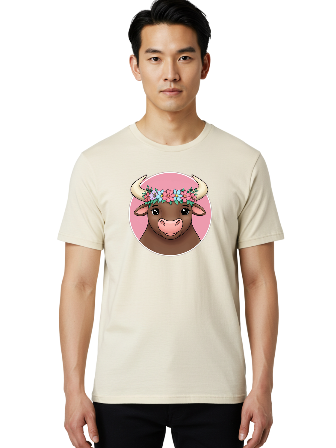 Cute-Bull-With-Flowers Men'S Graphic Tee, 100% Cotton, Comfortable Casual Summer Wear, Machine Washable, Cartoon Bull, Floral Wreath, Cute Animal, Pastel Colors, Adorable Illustration, Charming Design, Whimsical Art, Lovely Cow, Bae169
