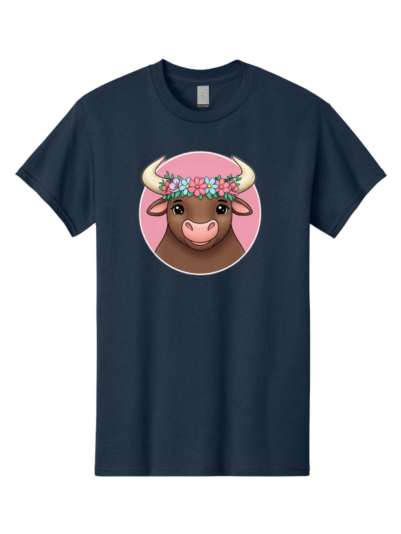 Cute-Bull-With-Flowers Men'S Graphic Tee, 100% Cotton, Comfortable Casual Summer Wear, Machine Washable, Cartoon Bull, Floral Wreath, Cute Animal, Pastel Colors, Adorable Illustration, Charming Design, Whimsical Art, Lovely Cow, Bae169