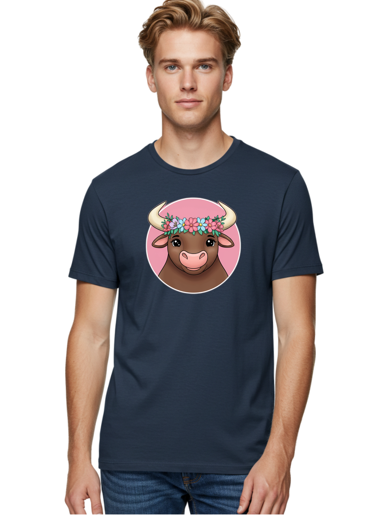 Cute-Bull-With-Flowers Men'S Graphic Tee, 100% Cotton, Comfortable Casual Summer Wear, Machine Washable, Cartoon Bull, Floral Wreath, Cute Animal, Pastel Colors, Adorable Illustration, Charming Design, Whimsical Art, Lovely Cow, Bae169