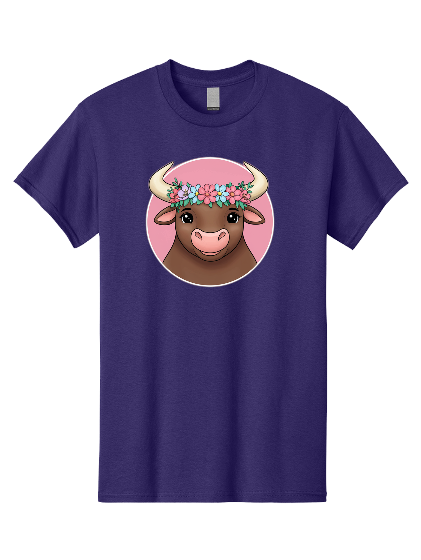 Cute-Bull-With-Flowers Men'S Graphic Tee, 100% Cotton, Comfortable Casual Summer Wear, Machine Washable, Cartoon Bull, Floral Wreath, Cute Animal, Pastel Colors, Adorable Illustration, Charming Design, Whimsical Art, Lovely Cow, Bae169