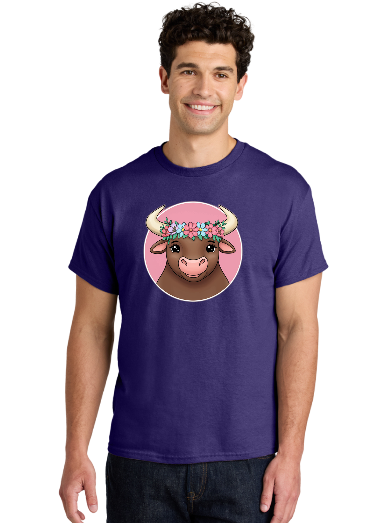 Cute-Bull-With-Flowers Men'S Graphic Tee, 100% Cotton, Comfortable Casual Summer Wear, Machine Washable, Cartoon Bull, Floral Wreath, Cute Animal, Pastel Colors, Adorable Illustration, Charming Design, Whimsical Art, Lovely Cow, Bae169