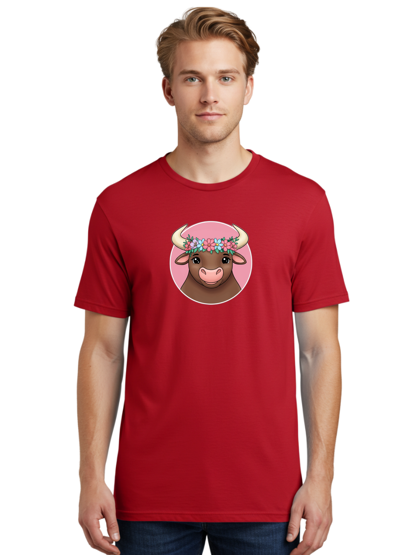 Cute-Bull-With-Flowers Men'S Graphic Tee, 100% Cotton, Comfortable Casual Summer Wear, Machine Washable, Cartoon Bull, Floral Wreath, Cute Animal, Pastel Colors, Adorable Illustration, Charming Design, Whimsical Art, Lovely Cow, Bae169