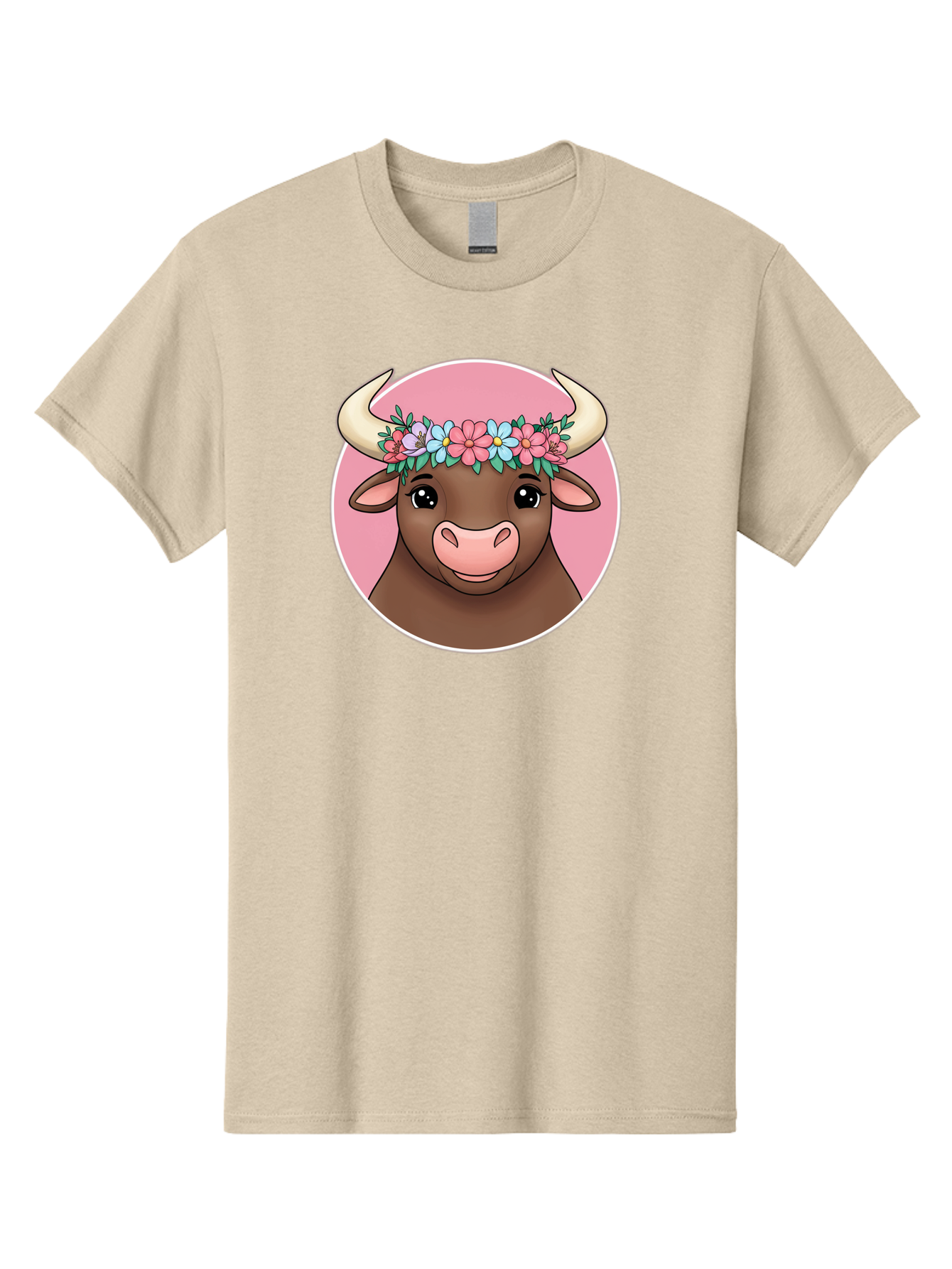 Cute-Bull-With-Flowers Men'S Graphic Tee, 100% Cotton, Comfortable Casual Summer Wear, Machine Washable, Cartoon Bull, Floral Wreath, Cute Animal, Pastel Colors, Adorable Illustration, Charming Design, Whimsical Art, Lovely Cow, Bae169