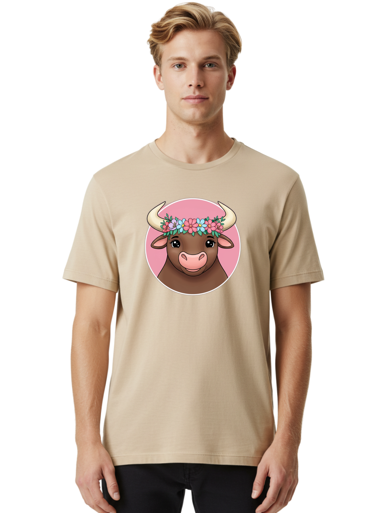 Cute-Bull-With-Flowers Men'S Graphic Tee, 100% Cotton, Comfortable Casual Summer Wear, Machine Washable, Cartoon Bull, Floral Wreath, Cute Animal, Pastel Colors, Adorable Illustration, Charming Design, Whimsical Art, Lovely Cow, Bae169