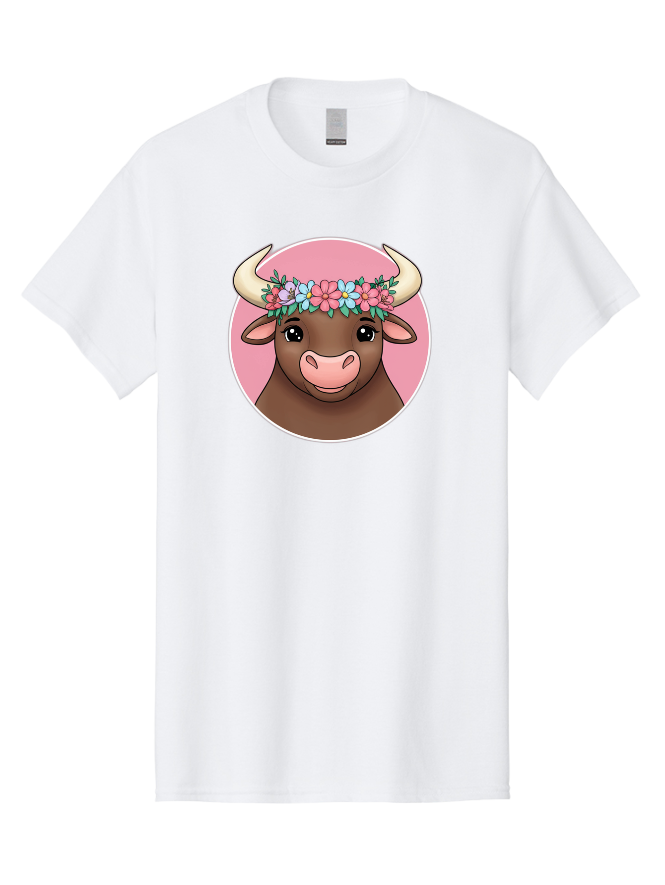 Cute-Bull-With-Flowers Men'S Graphic Tee, 100% Cotton, Comfortable Casual Summer Wear, Machine Washable, Cartoon Bull, Floral Wreath, Cute Animal, Pastel Colors, Adorable Illustration, Charming Design, Whimsical Art, Lovely Cow, Bae169