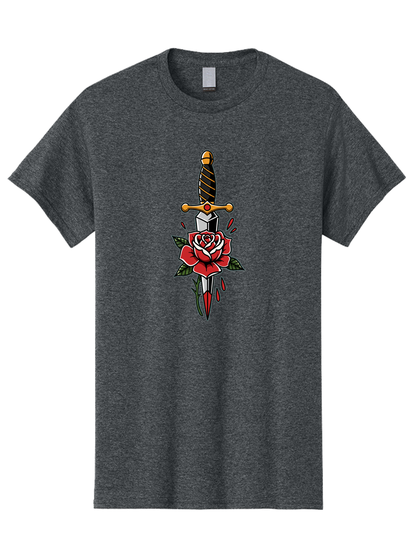 Dagger-And-Rose-1 Men'S Graphic Tee, 100% Cotton, Comfortable Casual Summer Wear, Machine Washable, Dagger Piercing Rose, Red Rose, Sharp Dagger, Blood Splatter, Body Art, Tattoo Art, Traditional Tattoo, Bold Lines, Vibrant Red Bae170