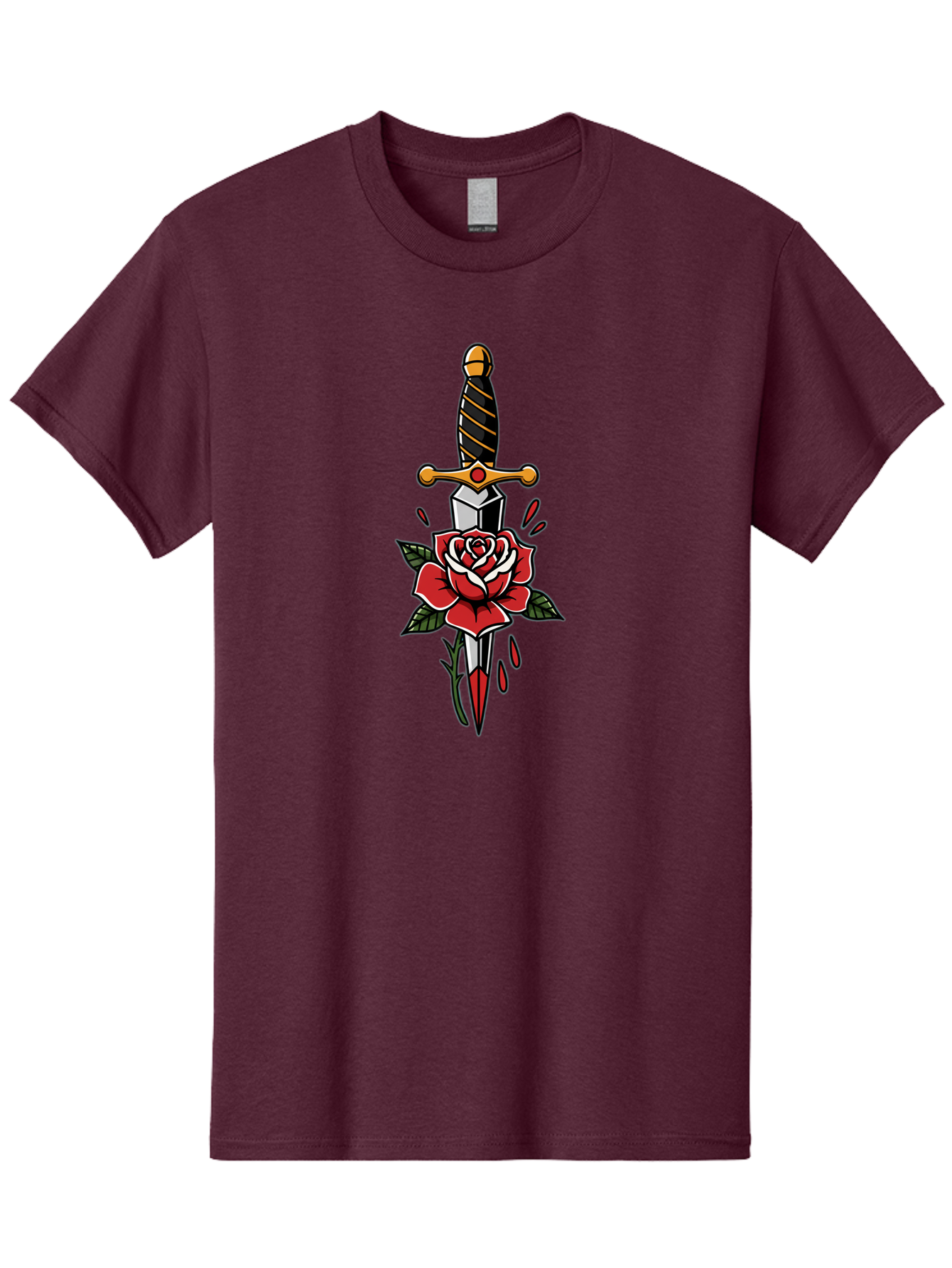 Dagger-And-Rose-1 Men'S Graphic Tee, 100% Cotton, Comfortable Casual Summer Wear, Machine Washable, Dagger Piercing Rose, Red Rose, Sharp Dagger, Blood Splatter, Body Art, Tattoo Art, Traditional Tattoo, Bold Lines, Vibrant Red Bae170