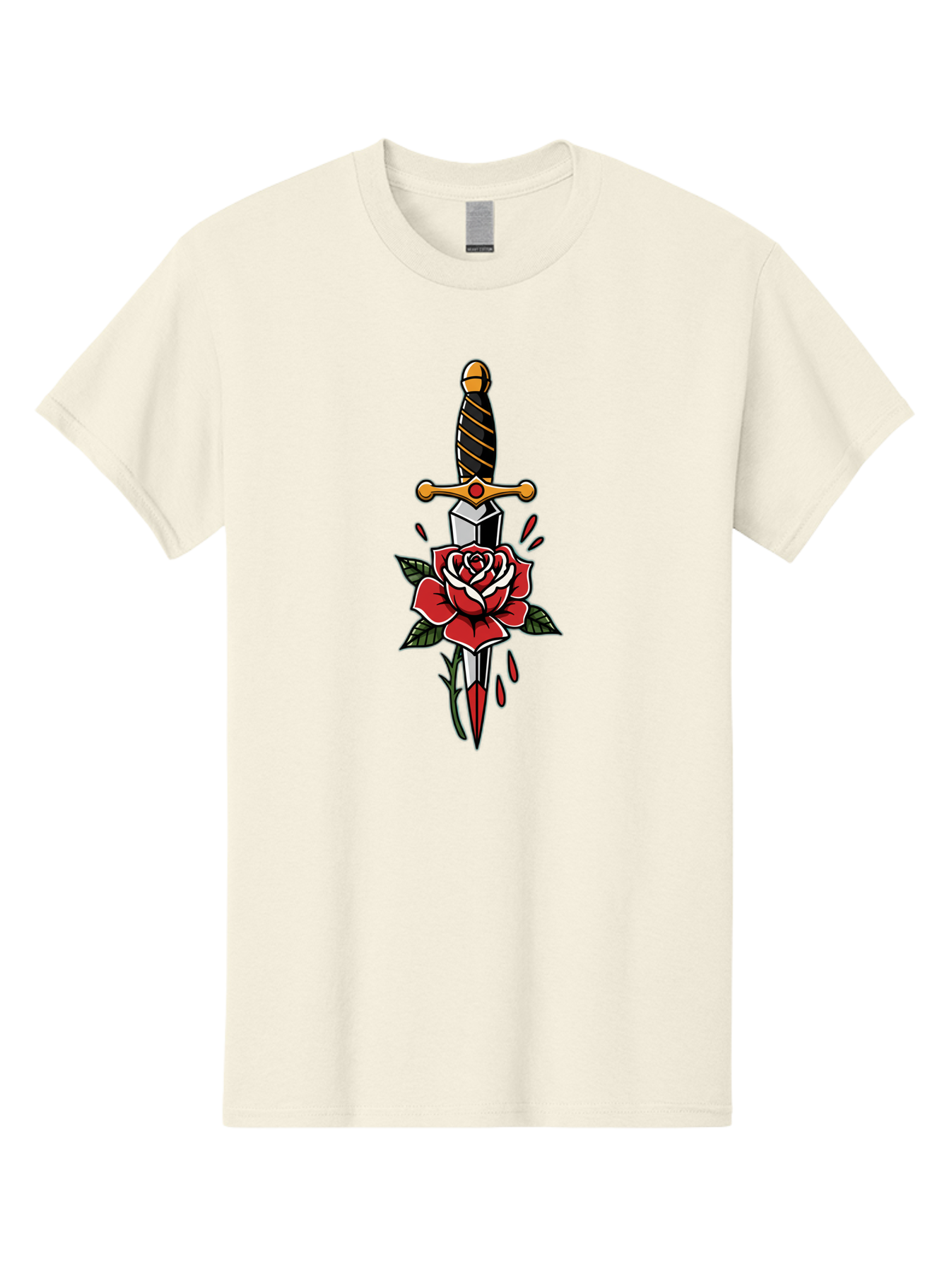 Dagger-And-Rose-1 Men'S Graphic Tee, 100% Cotton, Comfortable Casual Summer Wear, Machine Washable, Dagger Piercing Rose, Red Rose, Sharp Dagger, Blood Splatter, Body Art, Tattoo Art, Traditional Tattoo, Bold Lines, Vibrant Red Bae170
