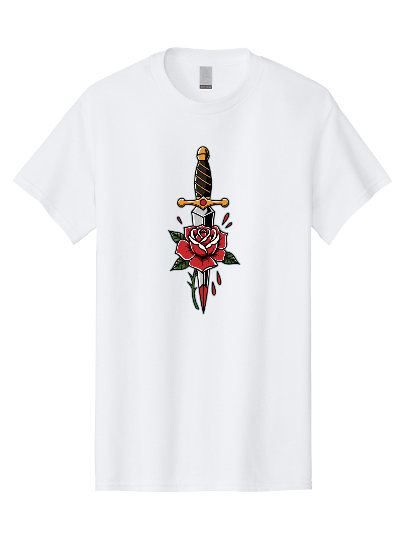 Dagger-And-Rose-1 Men'S Graphic Tee, 100% Cotton, Comfortable Casual Summer Wear, Machine Washable, Dagger Piercing Rose, Red Rose, Sharp Dagger, Blood Splatter, Body Art, Tattoo Art, Traditional Tattoo, Bold Lines, Vibrant Red Bae170