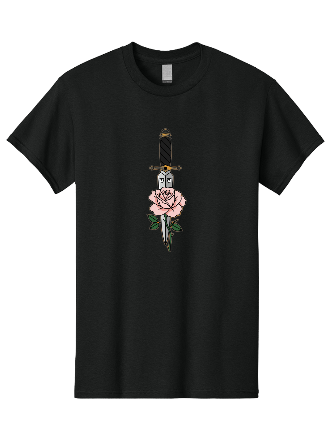Dagger-And-Rose Men'S Graphic Tee, 100% Cotton, Comfortable Casual Summer Wear, Machine Washable, Dagger Piercing A Rose, Tattoo Art, Floral Design, Sharp Blade, Pink Rose, Gothic Style, Symbolic Imagery, Traditional Tattoo, Bae171