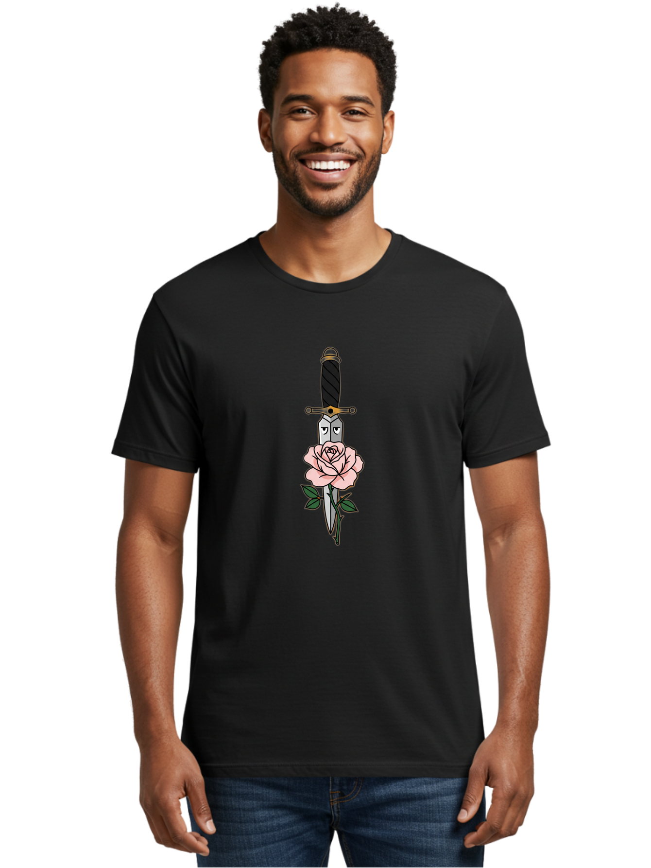 Dagger-And-Rose Men'S Graphic Tee, 100% Cotton, Comfortable Casual Summer Wear, Machine Washable, Dagger Piercing A Rose, Tattoo Art, Floral Design, Sharp Blade, Pink Rose, Gothic Style, Symbolic Imagery, Traditional Tattoo, Bae171
