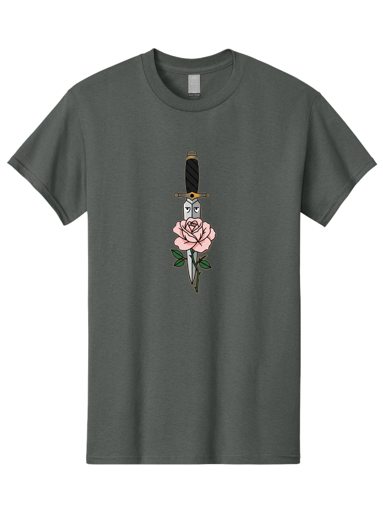 Dagger-And-Rose Men'S Graphic Tee, 100% Cotton, Comfortable Casual Summer Wear, Machine Washable, Dagger Piercing A Rose, Tattoo Art, Floral Design, Sharp Blade, Pink Rose, Gothic Style, Symbolic Imagery, Traditional Tattoo, Bae171