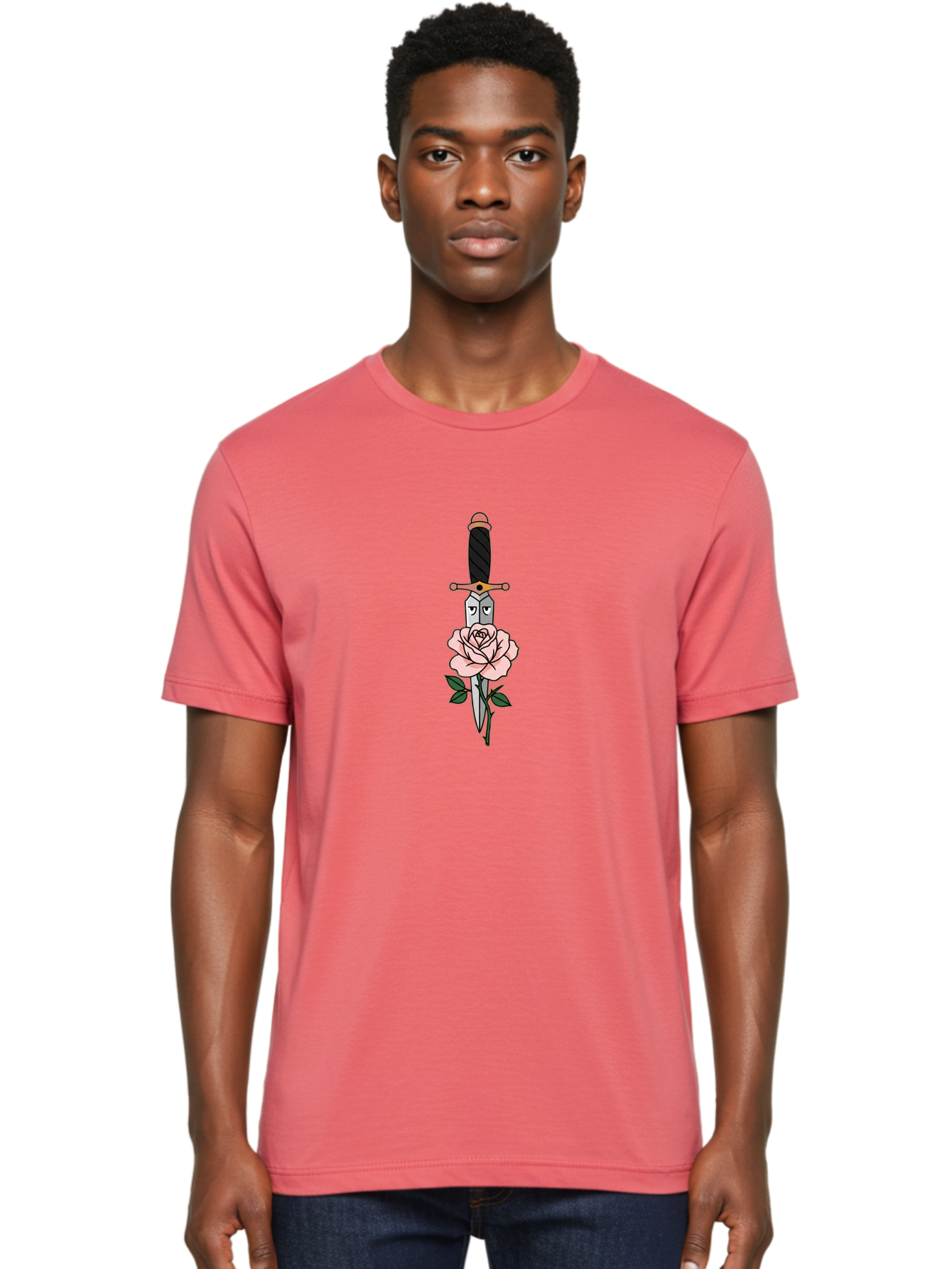 Dagger-And-Rose Men'S Graphic Tee, 100% Cotton, Comfortable Casual Summer Wear, Machine Washable, Dagger Piercing A Rose, Tattoo Art, Floral Design, Sharp Blade, Pink Rose, Gothic Style, Symbolic Imagery, Traditional Tattoo, Bae171