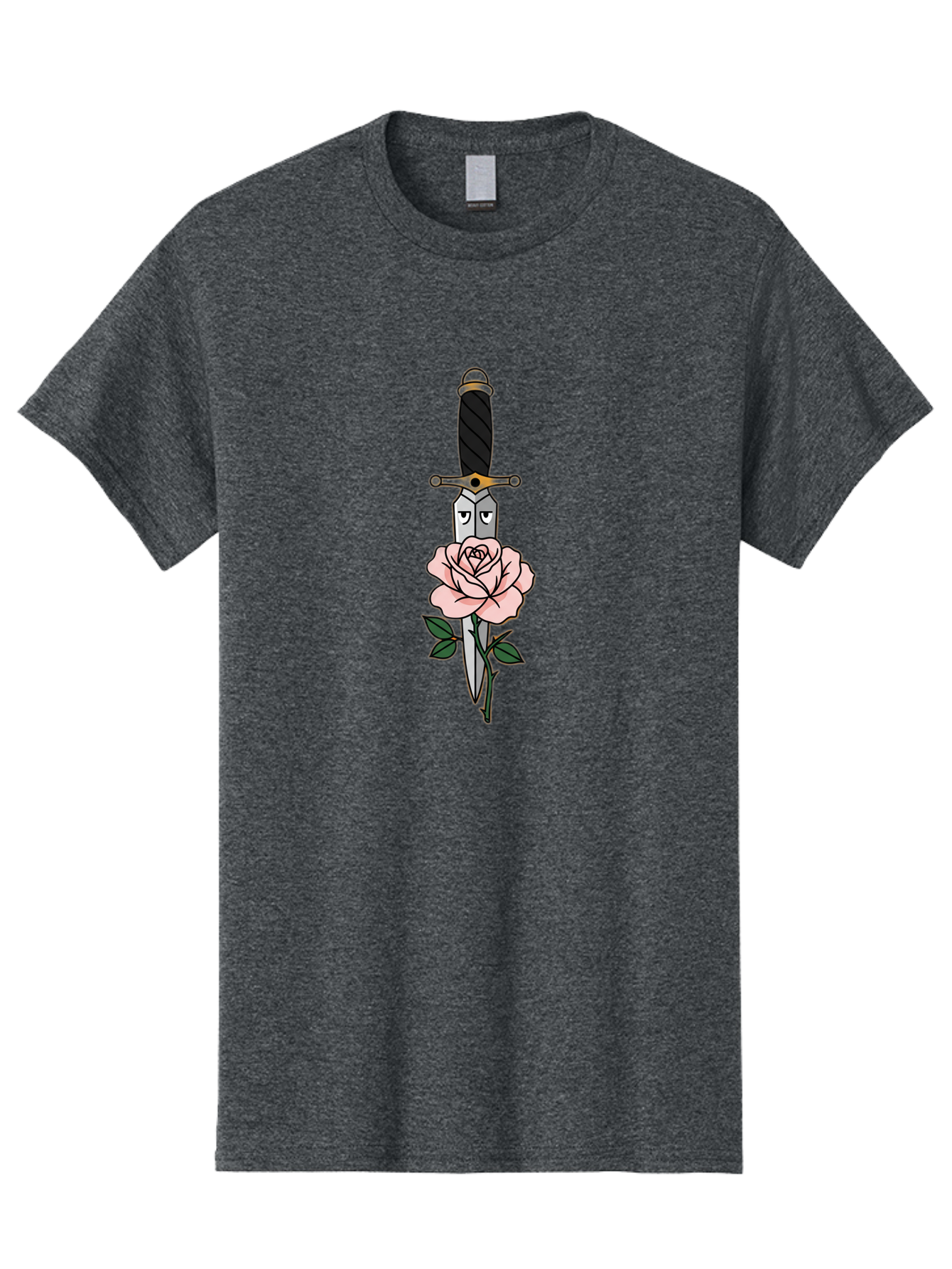 Dagger-And-Rose Men'S Graphic Tee, 100% Cotton, Comfortable Casual Summer Wear, Machine Washable, Dagger Piercing A Rose, Tattoo Art, Floral Design, Sharp Blade, Pink Rose, Gothic Style, Symbolic Imagery, Traditional Tattoo, Bae171