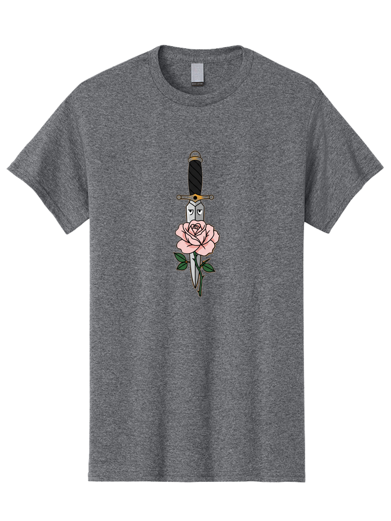 Dagger-And-Rose Men'S Graphic Tee, 100% Cotton, Comfortable Casual Summer Wear, Machine Washable, Dagger Piercing A Rose, Tattoo Art, Floral Design, Sharp Blade, Pink Rose, Gothic Style, Symbolic Imagery, Traditional Tattoo, Bae171