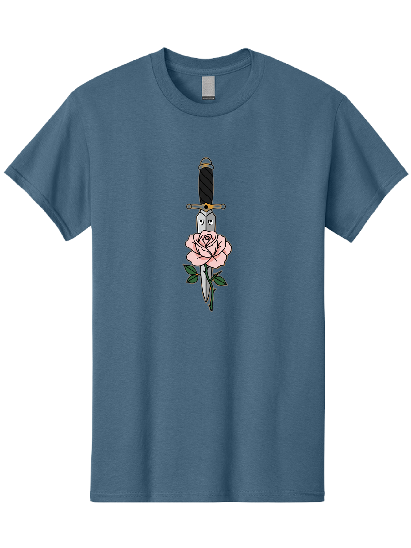 Dagger-And-Rose Men'S Graphic Tee, 100% Cotton, Comfortable Casual Summer Wear, Machine Washable, Dagger Piercing A Rose, Tattoo Art, Floral Design, Sharp Blade, Pink Rose, Gothic Style, Symbolic Imagery, Traditional Tattoo, Bae171