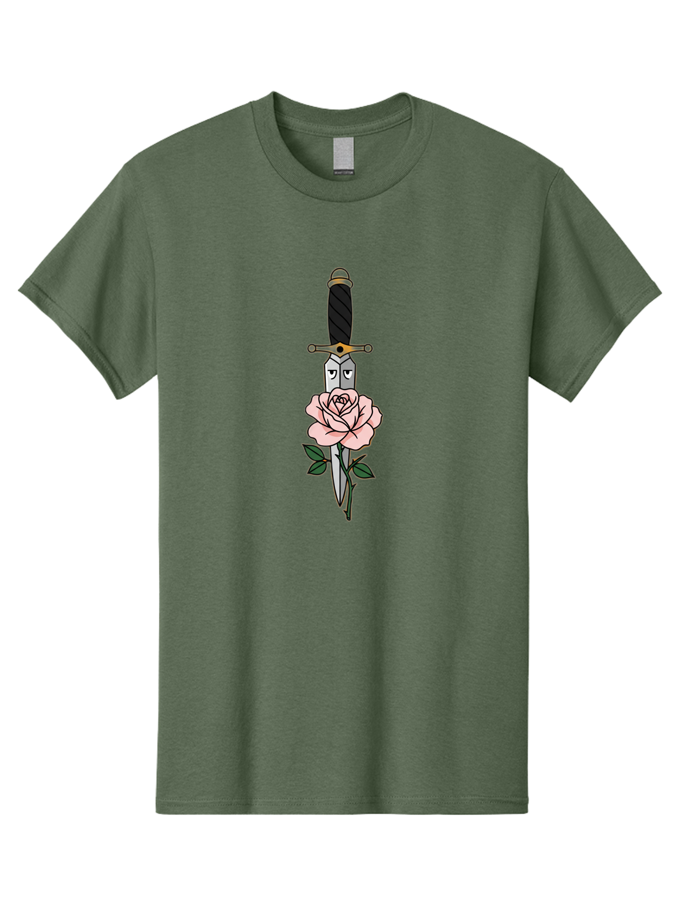 Dagger-And-Rose Men'S Graphic Tee, 100% Cotton, Comfortable Casual Summer Wear, Machine Washable, Dagger Piercing A Rose, Tattoo Art, Floral Design, Sharp Blade, Pink Rose, Gothic Style, Symbolic Imagery, Traditional Tattoo, Bae171