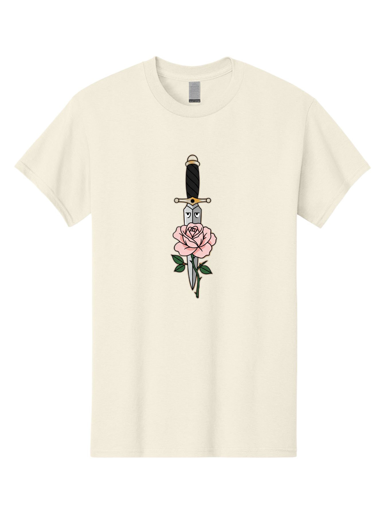 Dagger-And-Rose Men'S Graphic Tee, 100% Cotton, Comfortable Casual Summer Wear, Machine Washable, Dagger Piercing A Rose, Tattoo Art, Floral Design, Sharp Blade, Pink Rose, Gothic Style, Symbolic Imagery, Traditional Tattoo, Bae171