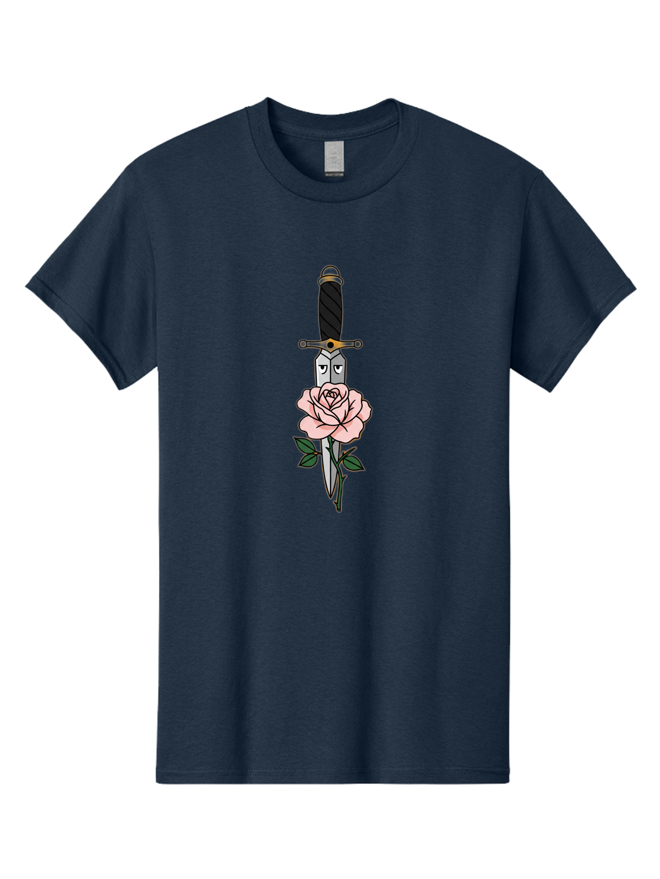 Dagger-And-Rose Men'S Graphic Tee, 100% Cotton, Comfortable Casual Summer Wear, Machine Washable, Dagger Piercing A Rose, Tattoo Art, Floral Design, Sharp Blade, Pink Rose, Gothic Style, Symbolic Imagery, Traditional Tattoo, Bae171