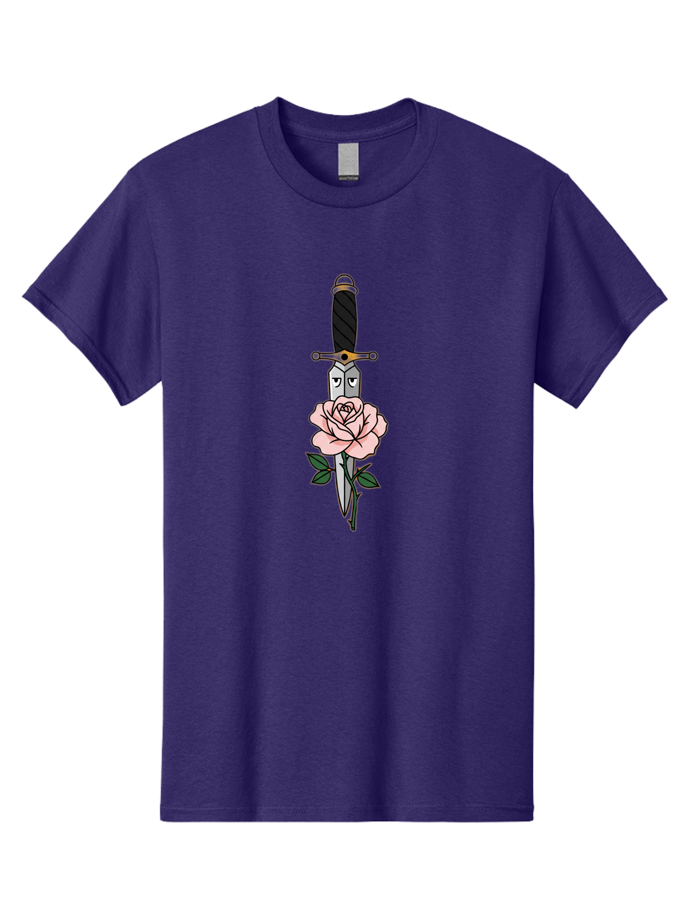 Dagger-And-Rose Men'S Graphic Tee, 100% Cotton, Comfortable Casual Summer Wear, Machine Washable, Dagger Piercing A Rose, Tattoo Art, Floral Design, Sharp Blade, Pink Rose, Gothic Style, Symbolic Imagery, Traditional Tattoo, Bae171