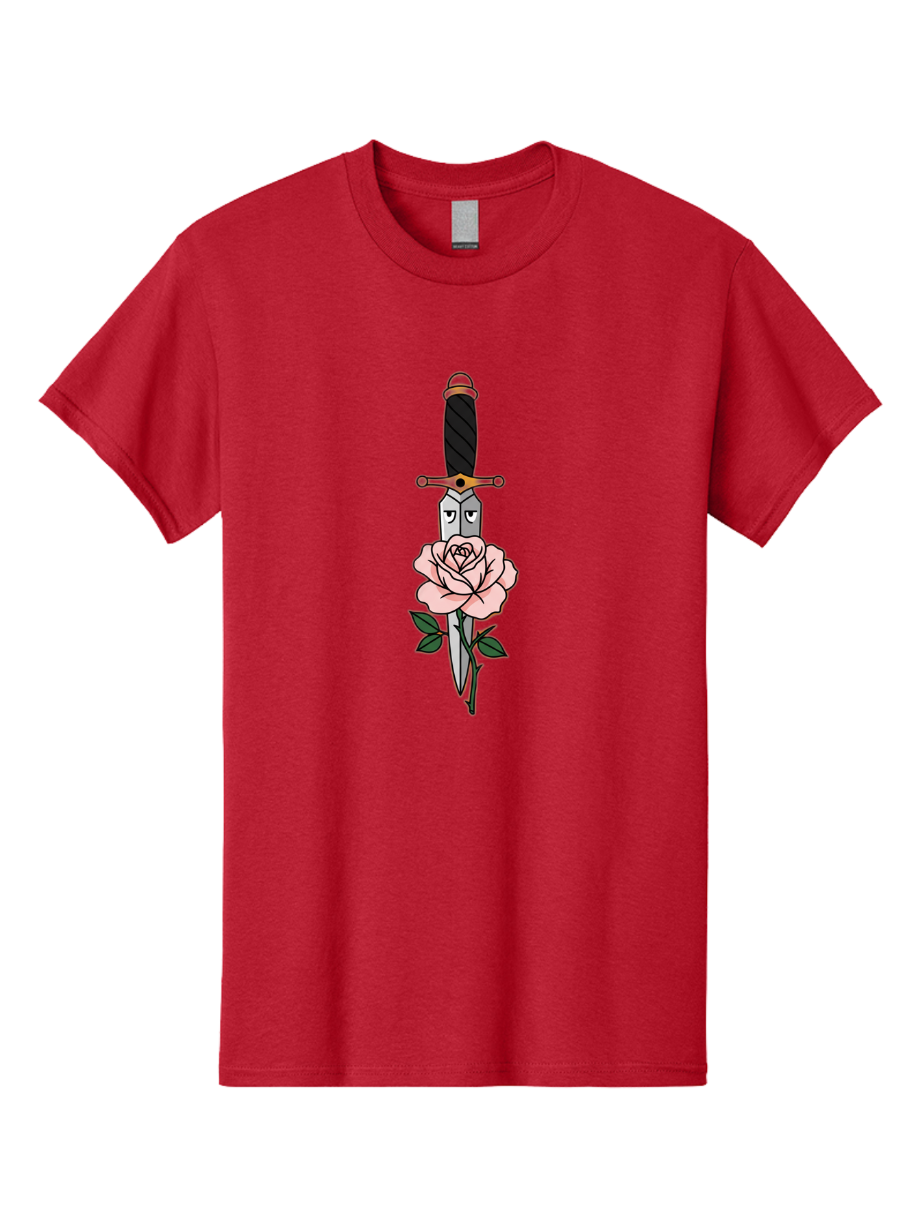 Dagger-And-Rose Men'S Graphic Tee, 100% Cotton, Comfortable Casual Summer Wear, Machine Washable, Dagger Piercing A Rose, Tattoo Art, Floral Design, Sharp Blade, Pink Rose, Gothic Style, Symbolic Imagery, Traditional Tattoo, Bae171