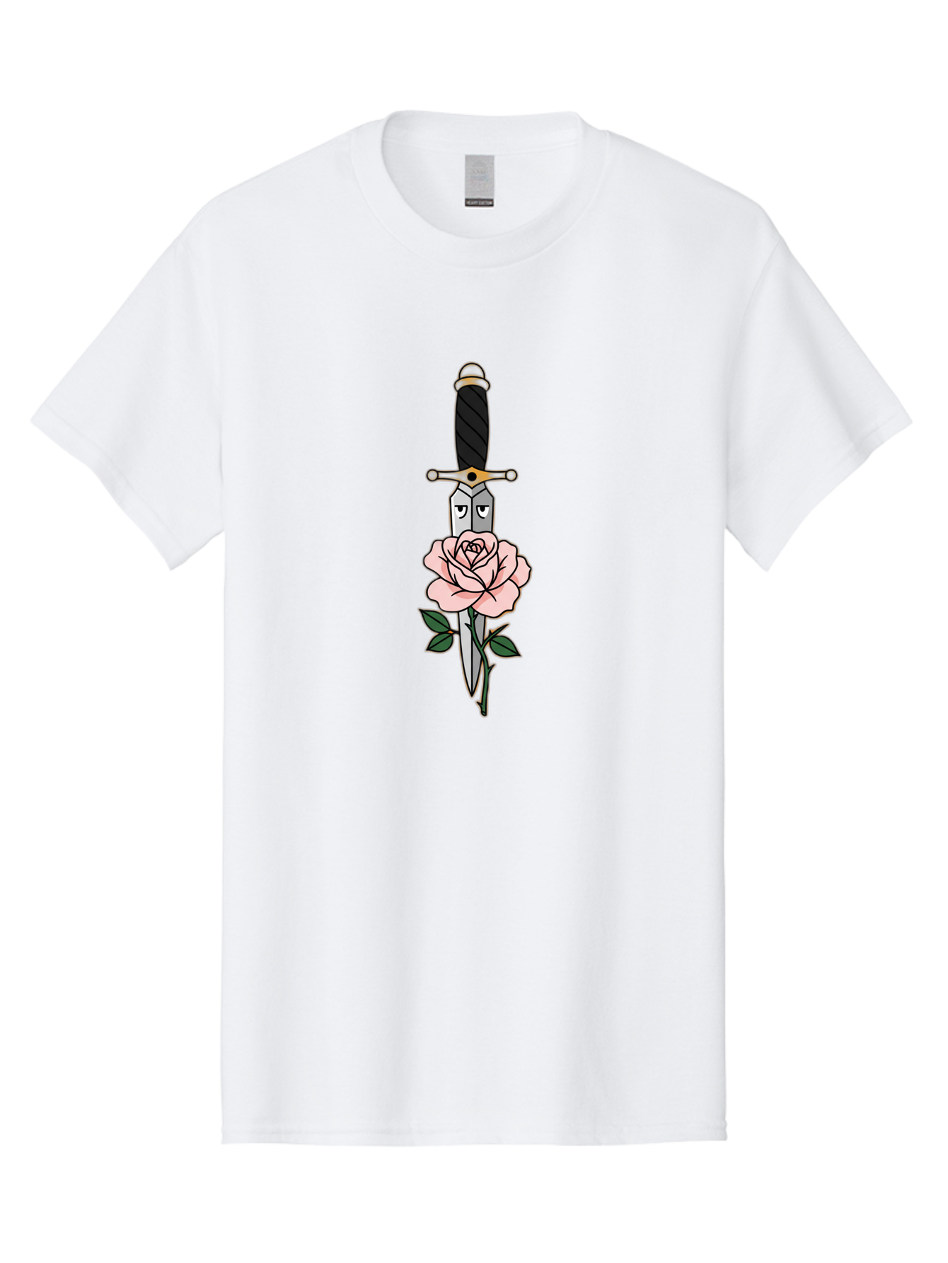 Dagger-And-Rose Men'S Graphic Tee, 100% Cotton, Comfortable Casual Summer Wear, Machine Washable, Dagger Piercing A Rose, Tattoo Art, Floral Design, Sharp Blade, Pink Rose, Gothic Style, Symbolic Imagery, Traditional Tattoo, Bae171
