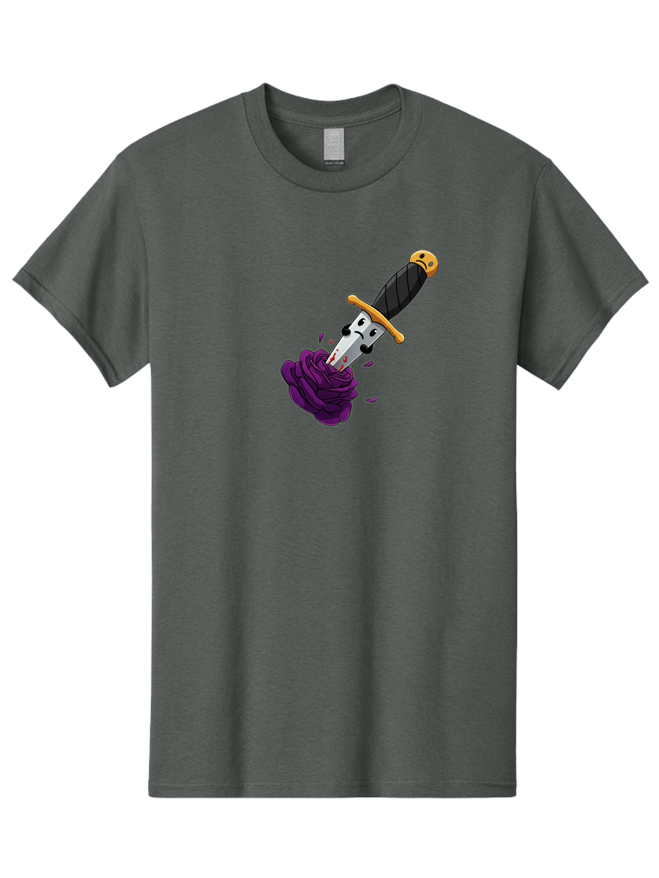 Dagger-With-Face Men'S Graphic Tee, 100% Cotton, Comfortable Casual Summer Wear, Machine Washable, Dagger With Face, Purple Rose, Cartoon Dagger, Stabbed Rose, Gold Hilt, Black Handle, Facial Expression, Floral Imagery, Symbolic Violence, Bae172