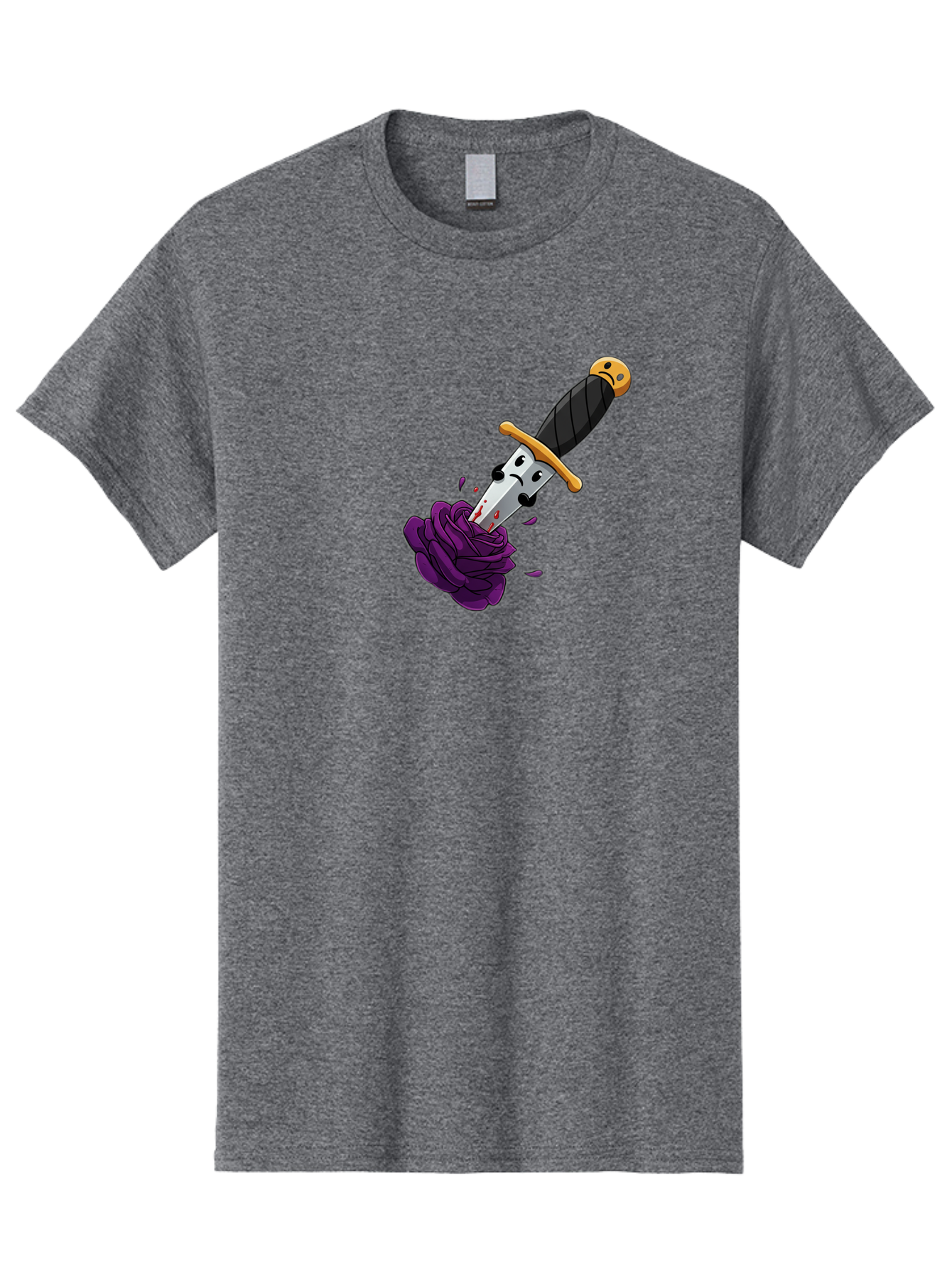 Dagger-With-Face Men'S Graphic Tee, 100% Cotton, Comfortable Casual Summer Wear, Machine Washable, Dagger With Face, Purple Rose, Cartoon Dagger, Stabbed Rose, Gold Hilt, Black Handle, Facial Expression, Floral Imagery, Symbolic Violence, Bae172