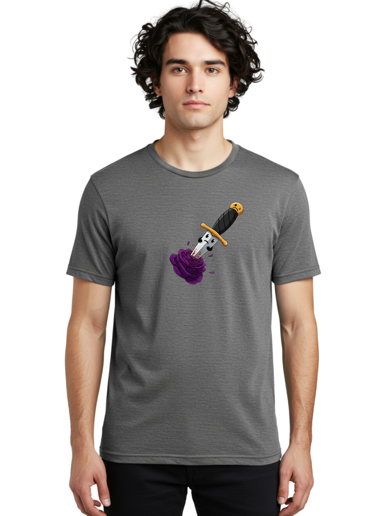 Dagger-With-Face Men'S Graphic Tee, 100% Cotton, Comfortable Casual Summer Wear, Machine Washable, Dagger With Face, Purple Rose, Cartoon Dagger, Stabbed Rose, Gold Hilt, Black Handle, Facial Expression, Floral Imagery, Symbolic Violence, Bae172