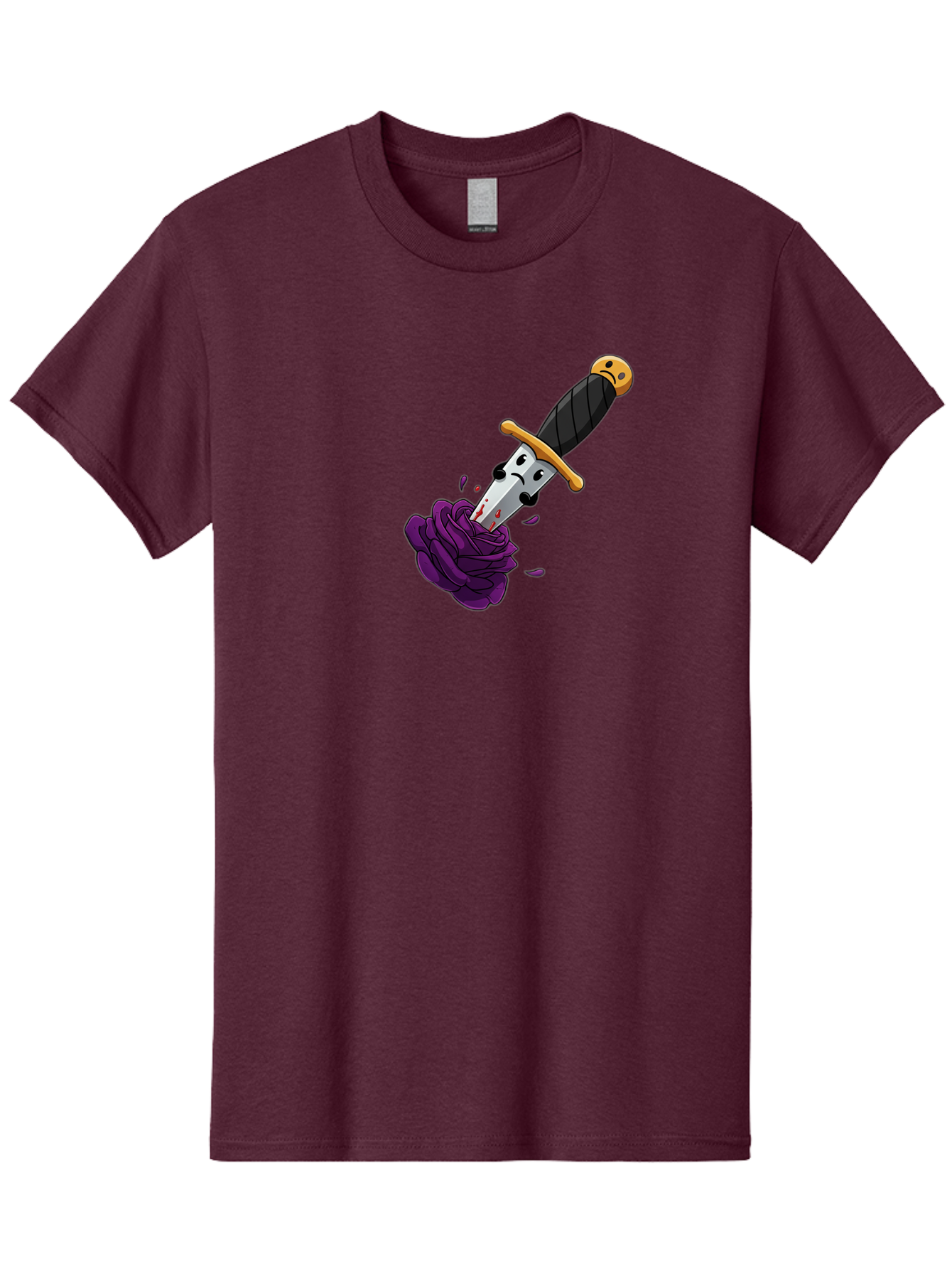 Dagger-With-Face Men'S Graphic Tee, 100% Cotton, Comfortable Casual Summer Wear, Machine Washable, Dagger With Face, Purple Rose, Cartoon Dagger, Stabbed Rose, Gold Hilt, Black Handle, Facial Expression, Floral Imagery, Symbolic Violence, Bae172