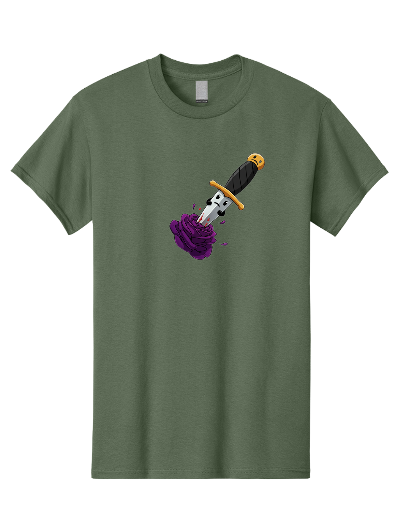 Dagger-With-Face Men'S Graphic Tee, 100% Cotton, Comfortable Casual Summer Wear, Machine Washable, Dagger With Face, Purple Rose, Cartoon Dagger, Stabbed Rose, Gold Hilt, Black Handle, Facial Expression, Floral Imagery, Symbolic Violence, Bae172