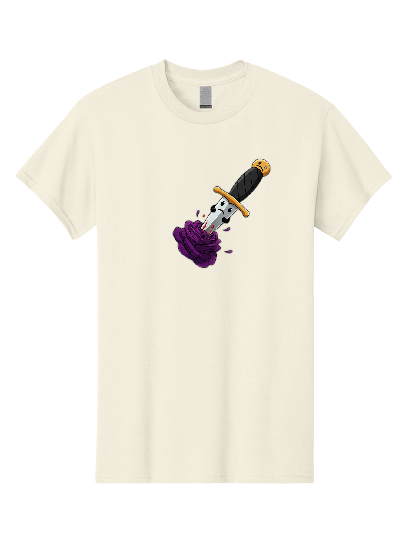 Dagger-With-Face Men'S Graphic Tee, 100% Cotton, Comfortable Casual Summer Wear, Machine Washable, Dagger With Face, Purple Rose, Cartoon Dagger, Stabbed Rose, Gold Hilt, Black Handle, Facial Expression, Floral Imagery, Symbolic Violence, Bae172