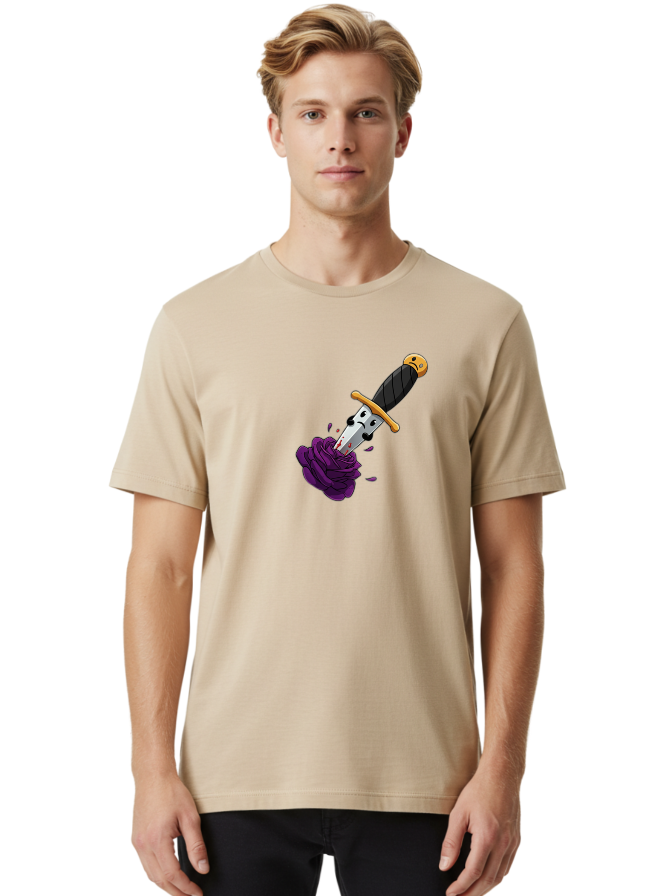 Dagger-With-Face Men'S Graphic Tee, 100% Cotton, Comfortable Casual Summer Wear, Machine Washable, Dagger With Face, Purple Rose, Cartoon Dagger, Stabbed Rose, Gold Hilt, Black Handle, Facial Expression, Floral Imagery, Symbolic Violence, Bae172