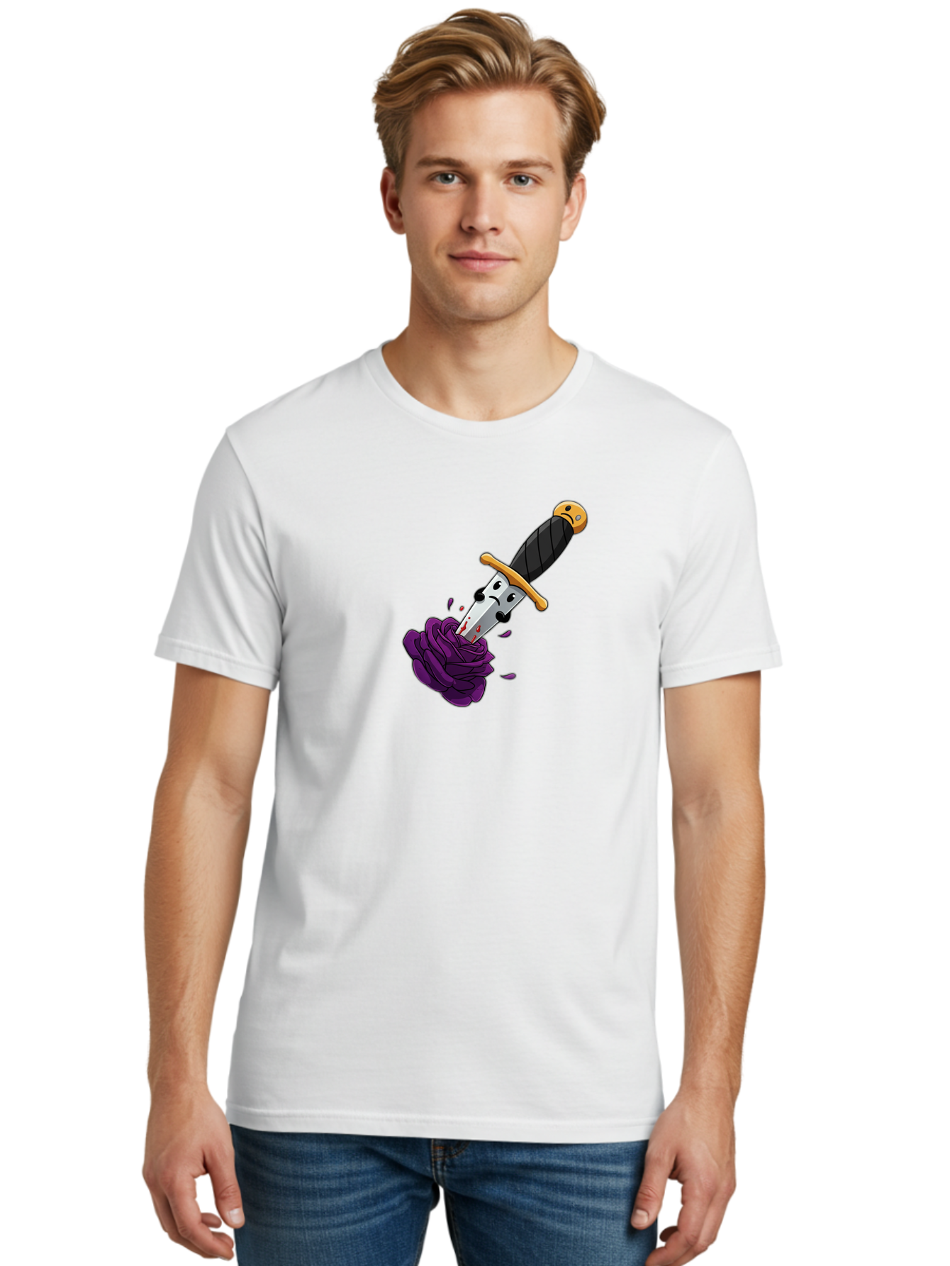 Dagger-With-Face Men'S Graphic Tee, 100% Cotton, Comfortable Casual Summer Wear, Machine Washable, Dagger With Face, Purple Rose, Cartoon Dagger, Stabbed Rose, Gold Hilt, Black Handle, Facial Expression, Floral Imagery, Symbolic Violence, Bae172