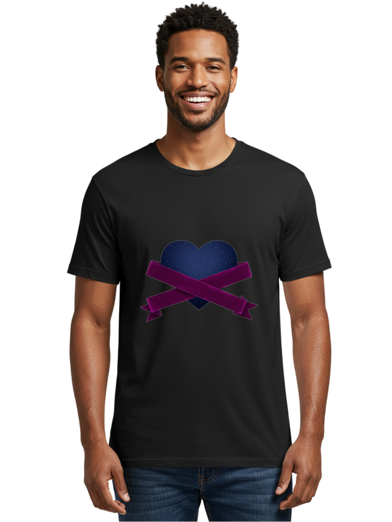 Dark-Heart-With-Ribbon Men'S Graphic Tee, 100% Cotton, Comfortable Casual Summer Wear, Machine Washable, Dark Heart, Purple Ribbon, Heart Shape, Velvet Texture, Symbol Of Love, Mourning Symbol, Grunge Style, Edgy Aesthetic, Dark Romance Bae173