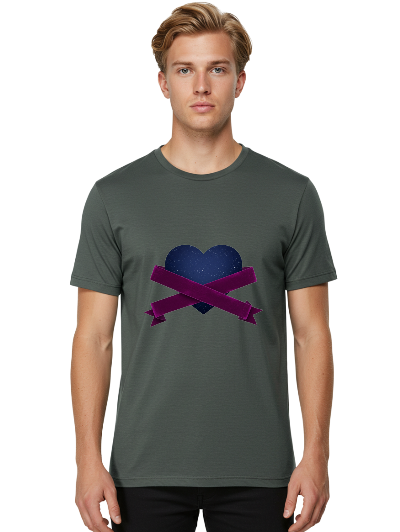 Dark-Heart-With-Ribbon Men'S Graphic Tee, 100% Cotton, Comfortable Casual Summer Wear, Machine Washable, Dark Heart, Purple Ribbon, Heart Shape, Velvet Texture, Symbol Of Love, Mourning Symbol, Grunge Style, Edgy Aesthetic, Dark Romance Bae173