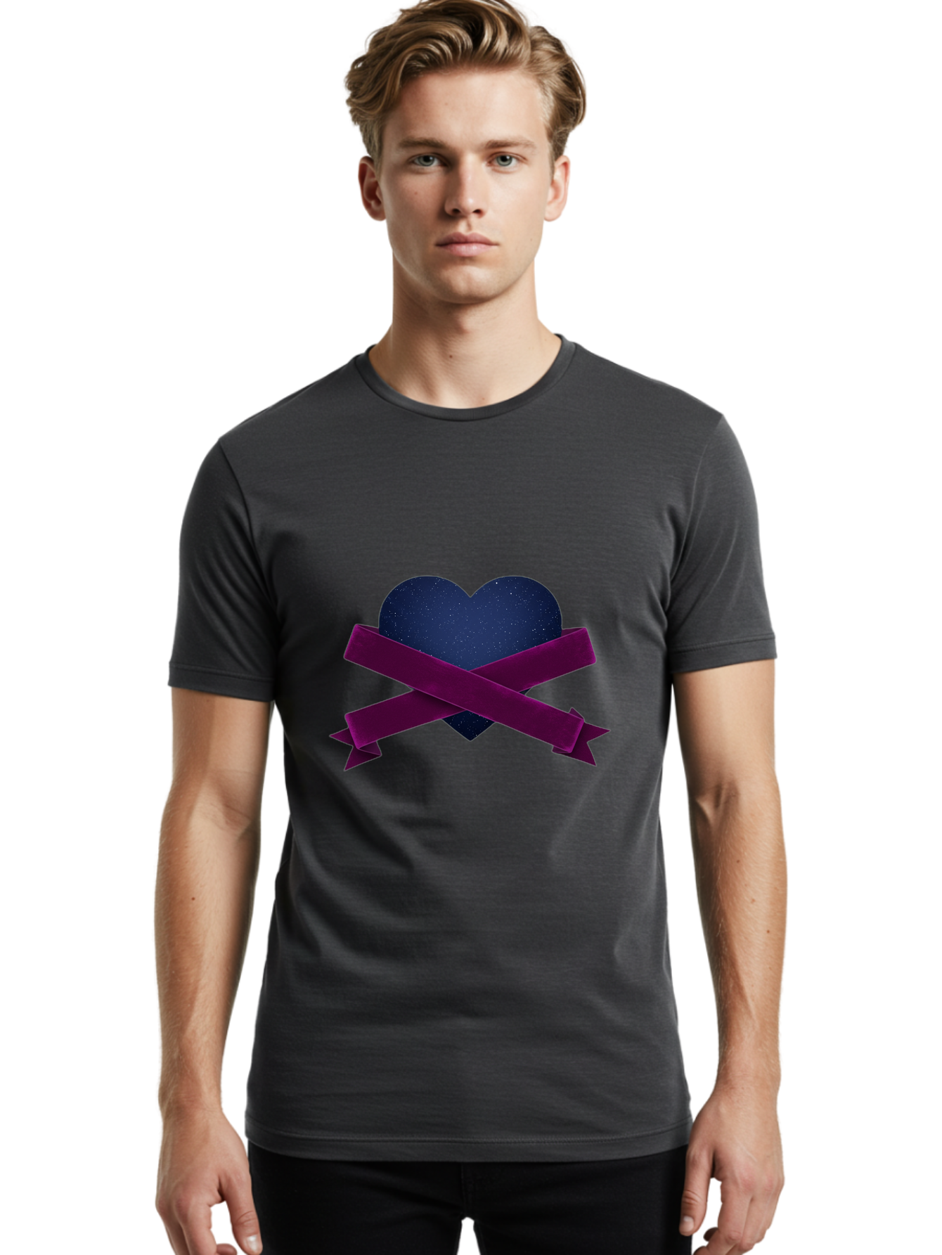 Dark-Heart-With-Ribbon Men'S Graphic Tee, 100% Cotton, Comfortable Casual Summer Wear, Machine Washable, Dark Heart, Purple Ribbon, Heart Shape, Velvet Texture, Symbol Of Love, Mourning Symbol, Grunge Style, Edgy Aesthetic, Dark Romance Bae173