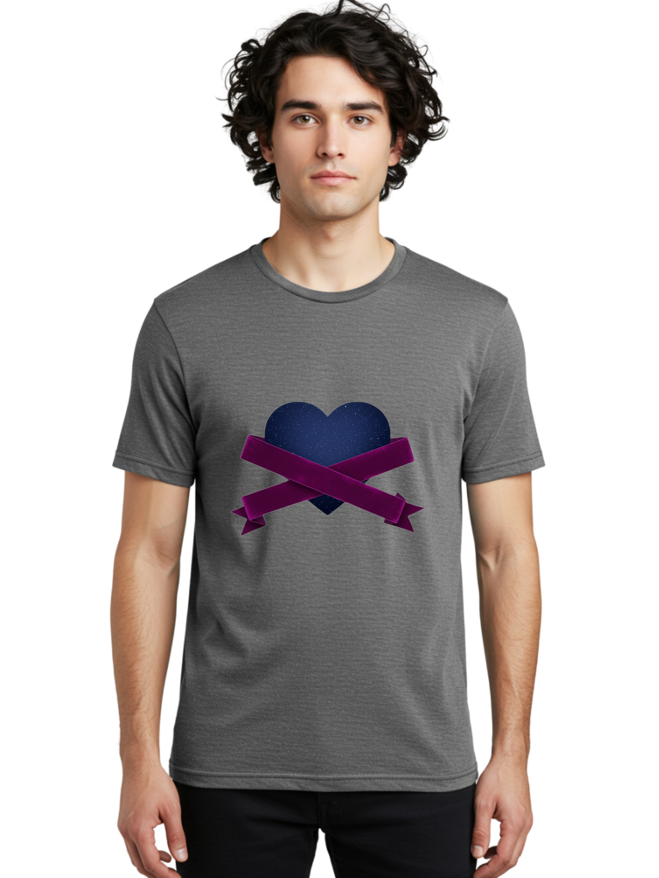 Dark-Heart-With-Ribbon Men'S Graphic Tee, 100% Cotton, Comfortable Casual Summer Wear, Machine Washable, Dark Heart, Purple Ribbon, Heart Shape, Velvet Texture, Symbol Of Love, Mourning Symbol, Grunge Style, Edgy Aesthetic, Dark Romance Bae173